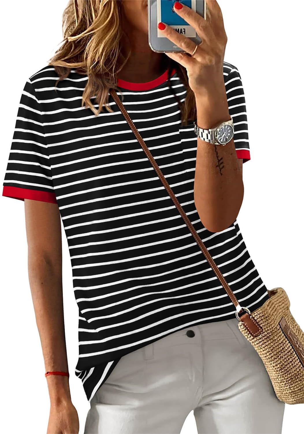 ONLYSHE Womens Short Sleeve Shirts Casual Crewneck Tops Tshirt Basic Tees Summer Fashion Strpied Clothes Outfits Tunic