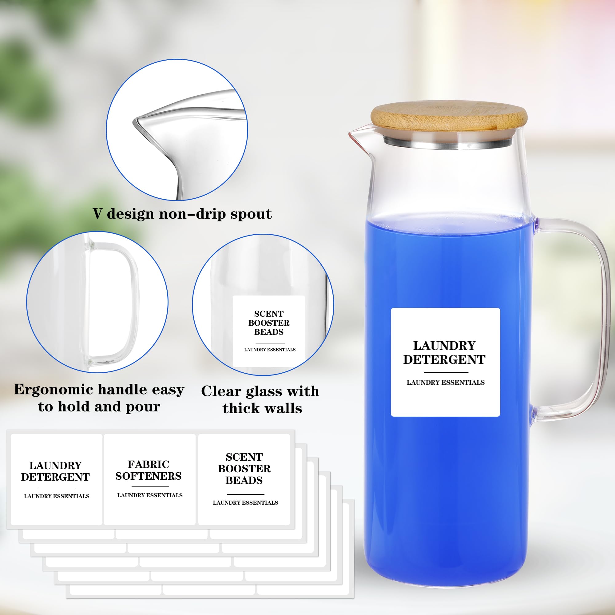 Juego de 3 dispensadores de detergente para ropa de 50 onzas con tapas y asas de bambú, recipientes para lavandería líquida