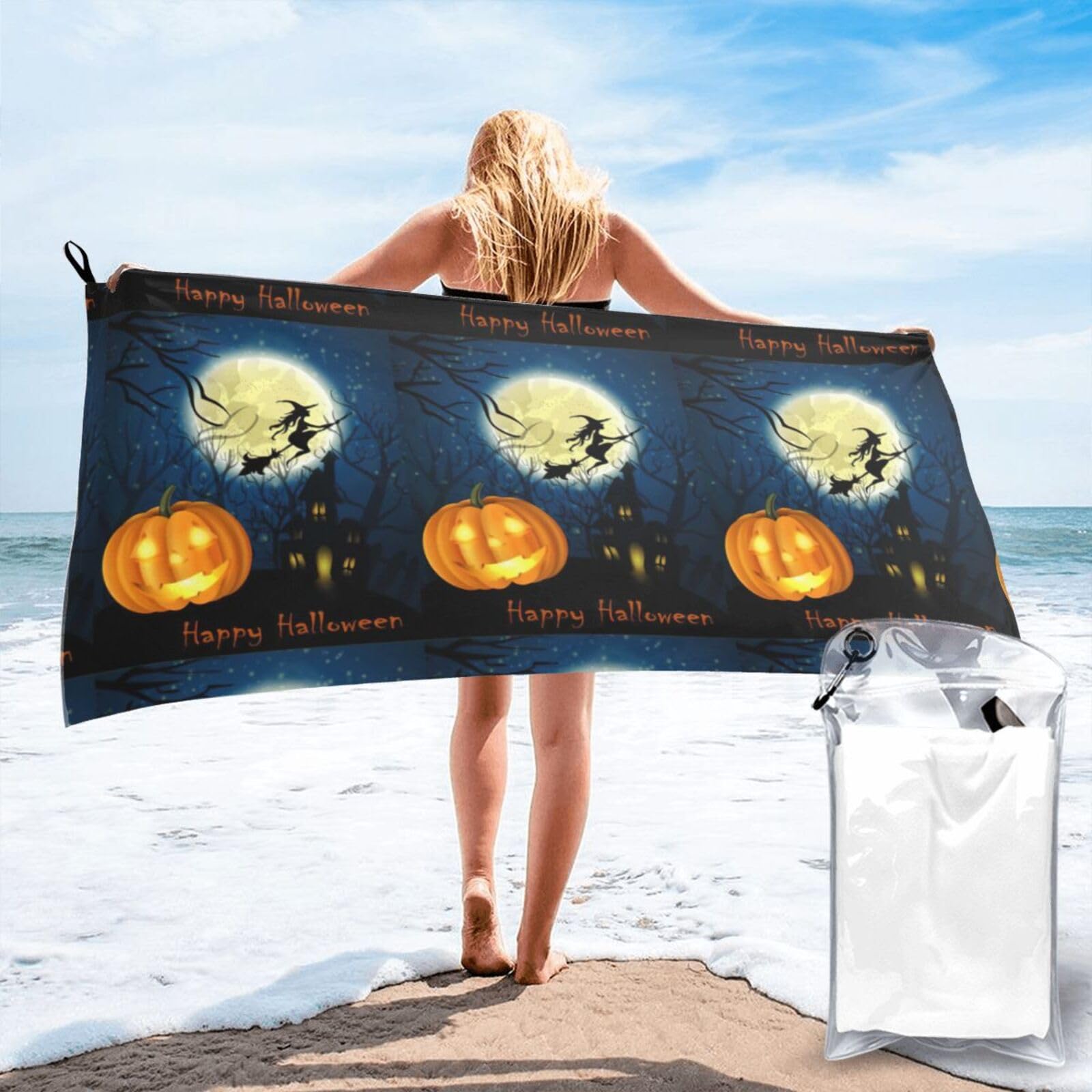 ENGhjes Pumpkin Halloween Print Camping Towel Fast Drying Bath Beach Shower Wrap For Gym Camping Vacation Adults Portable Gift
