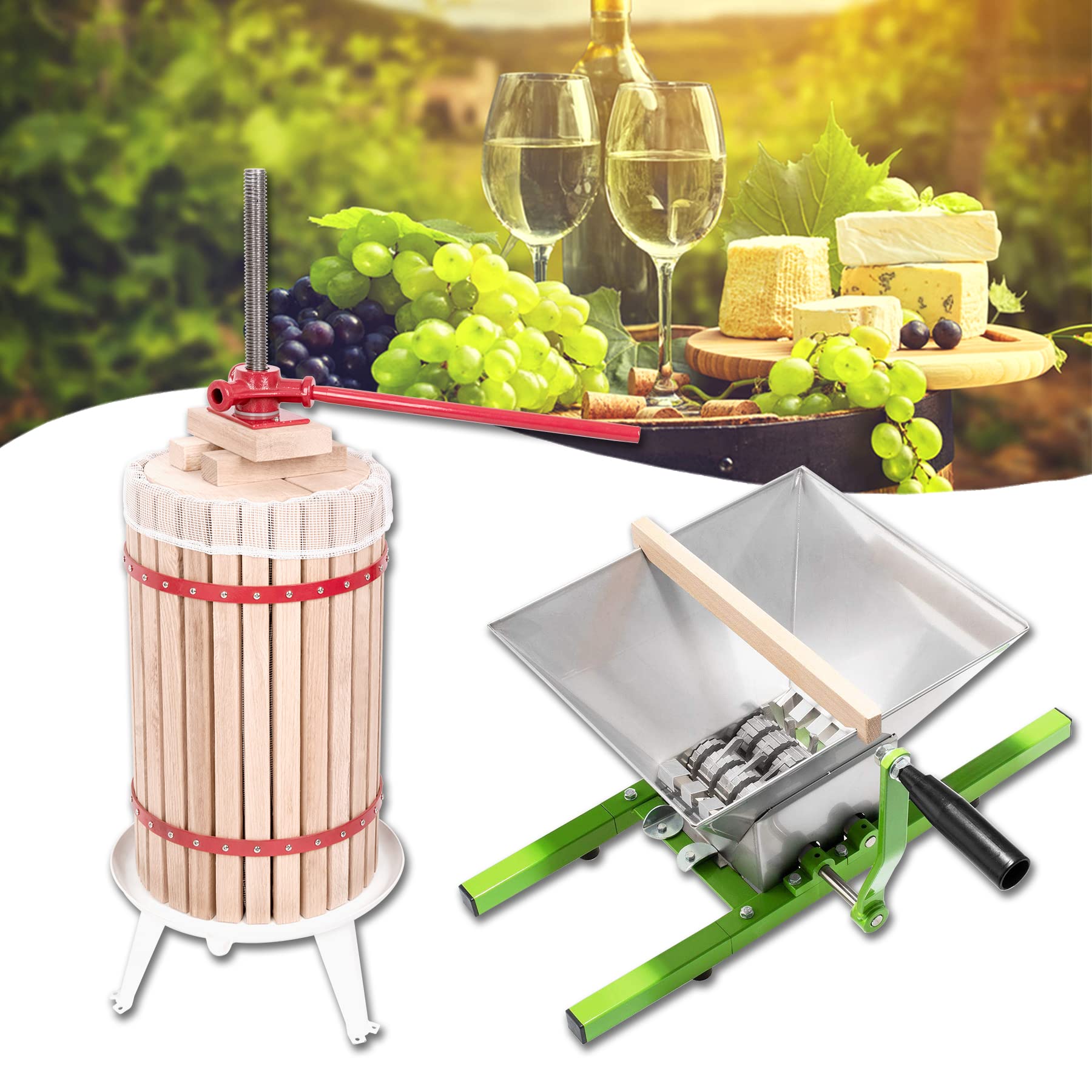 Froadp Set Pressa Mobile per Vino incl. 30L Torchio da Frutta + 7L Macina per Frutta e Verdura in Acciaio Inox Schiacciare Presse Set per la Produzione di Birra Vini di Frutta Succo di Mela