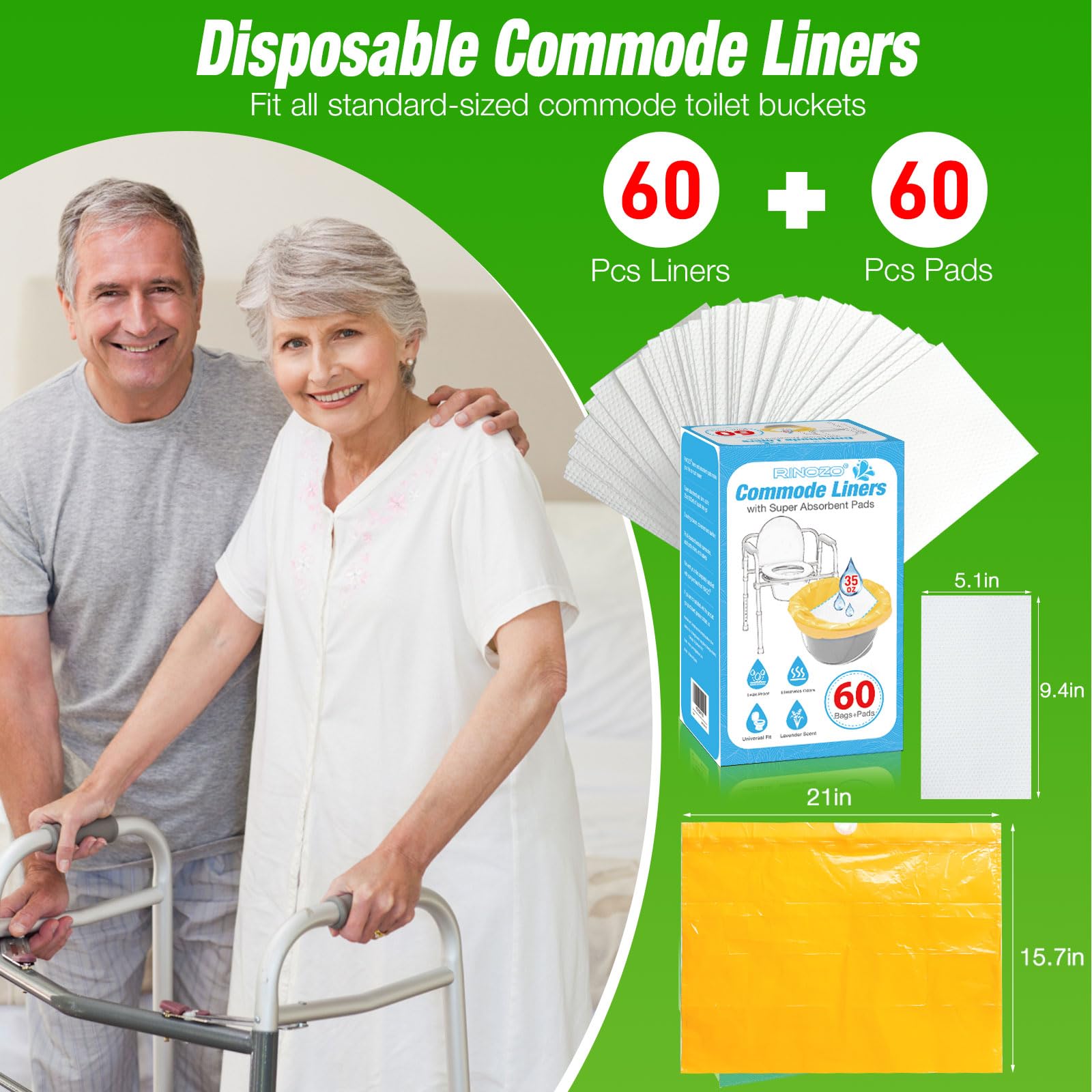 Forros para inodoro con almohadillas súper absorbentes, 60 unidades, ajuste universal, bolsas de basura desechables para sillas de inodoro portátiles estándar