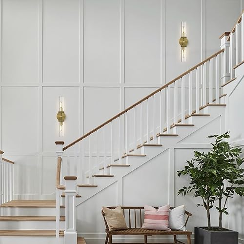 Miniatura 9 de Juego de 2 apliques de pared de latón moleteado, 21 pulgadas, 2 luces, apliques de pared dorados para baño, luces de tocador de vidrio, apliques de