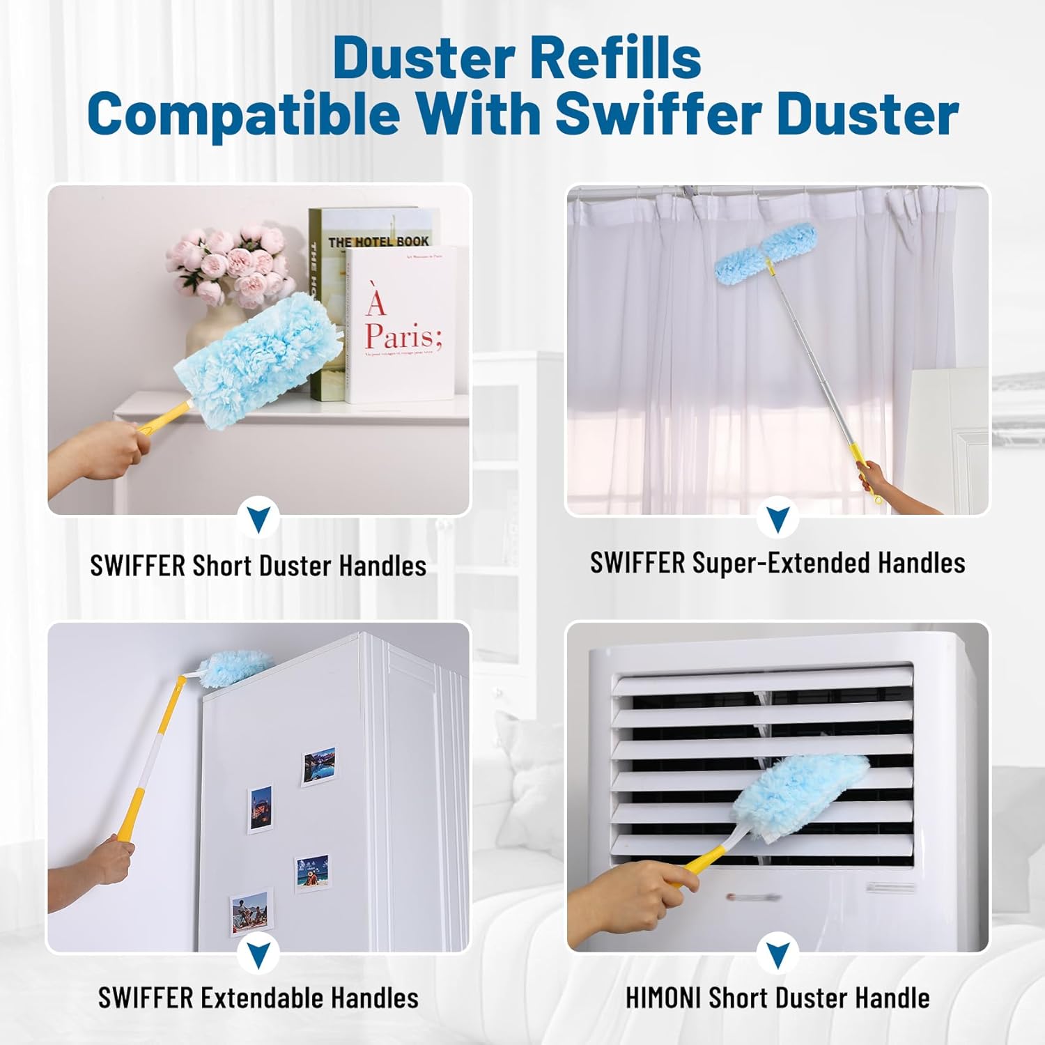 Duster Refill for Swiffer, 360 Heavy Duty Refills, Multi Surface, Unscented, Blue, Plastic Handle, Synthetic Head, Soft, Furniture, Fan (30 Count + 1 Handle)
