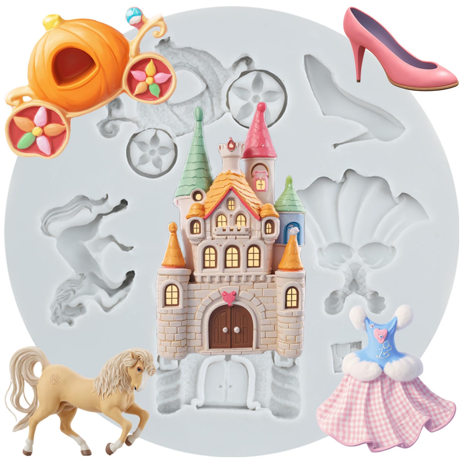 Sijiangmold Cinderella Theme Fondant Mould Fairy Tales Castle Pumpkin Carriage Princess Dress Crystal Shoes Silicone Moulds for Cake Decoration Chocolate Cupcake Topper Candy Polymer Clay Gum Paste