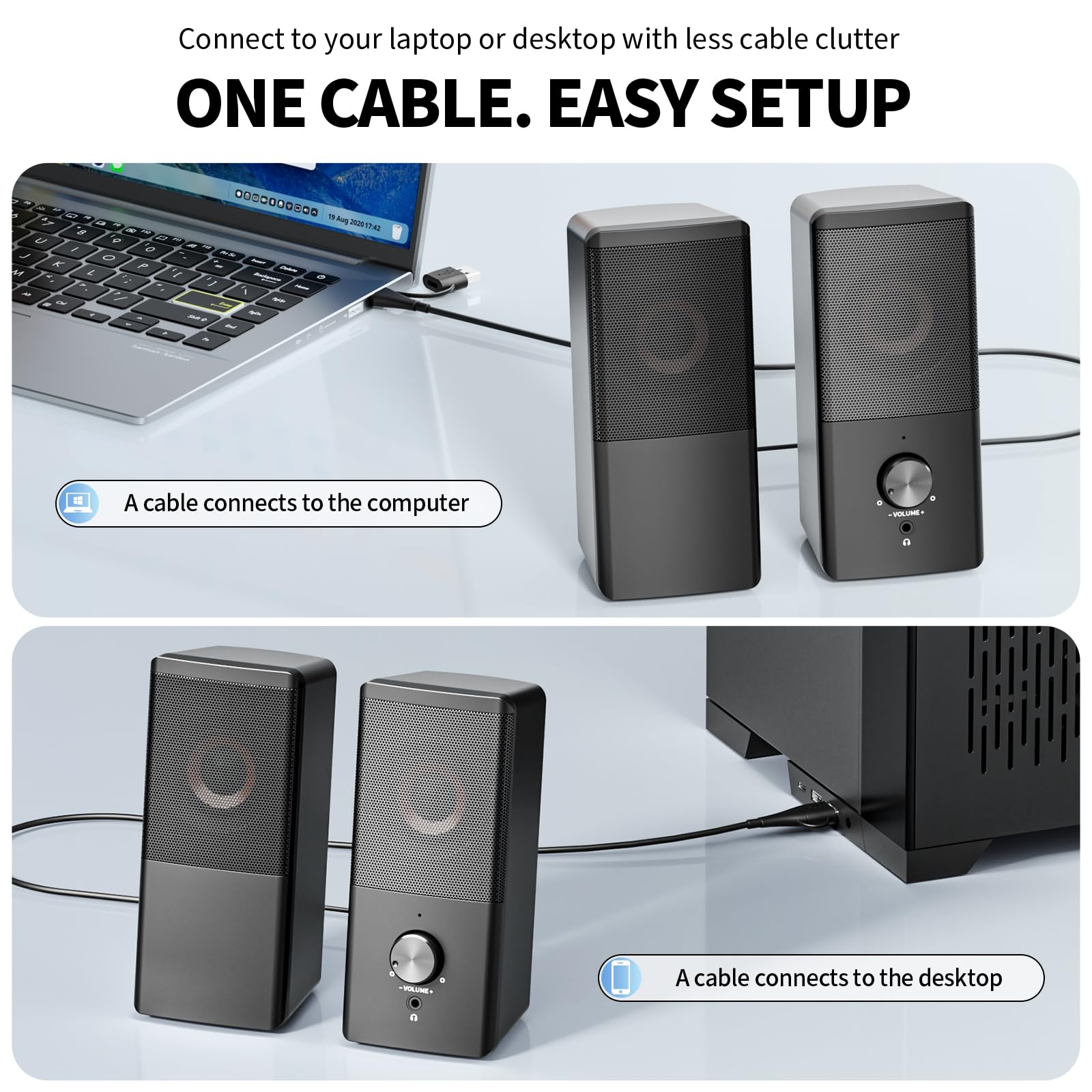 Altoparlanti cablati per PC desktop, altoparlanti stereo da tavolo 2.0 alimentati USB-A/USB-C, con controllo del volume, jack per cuffie da 3,5 mm per laptop, monitor, casa, ufficio e giochi