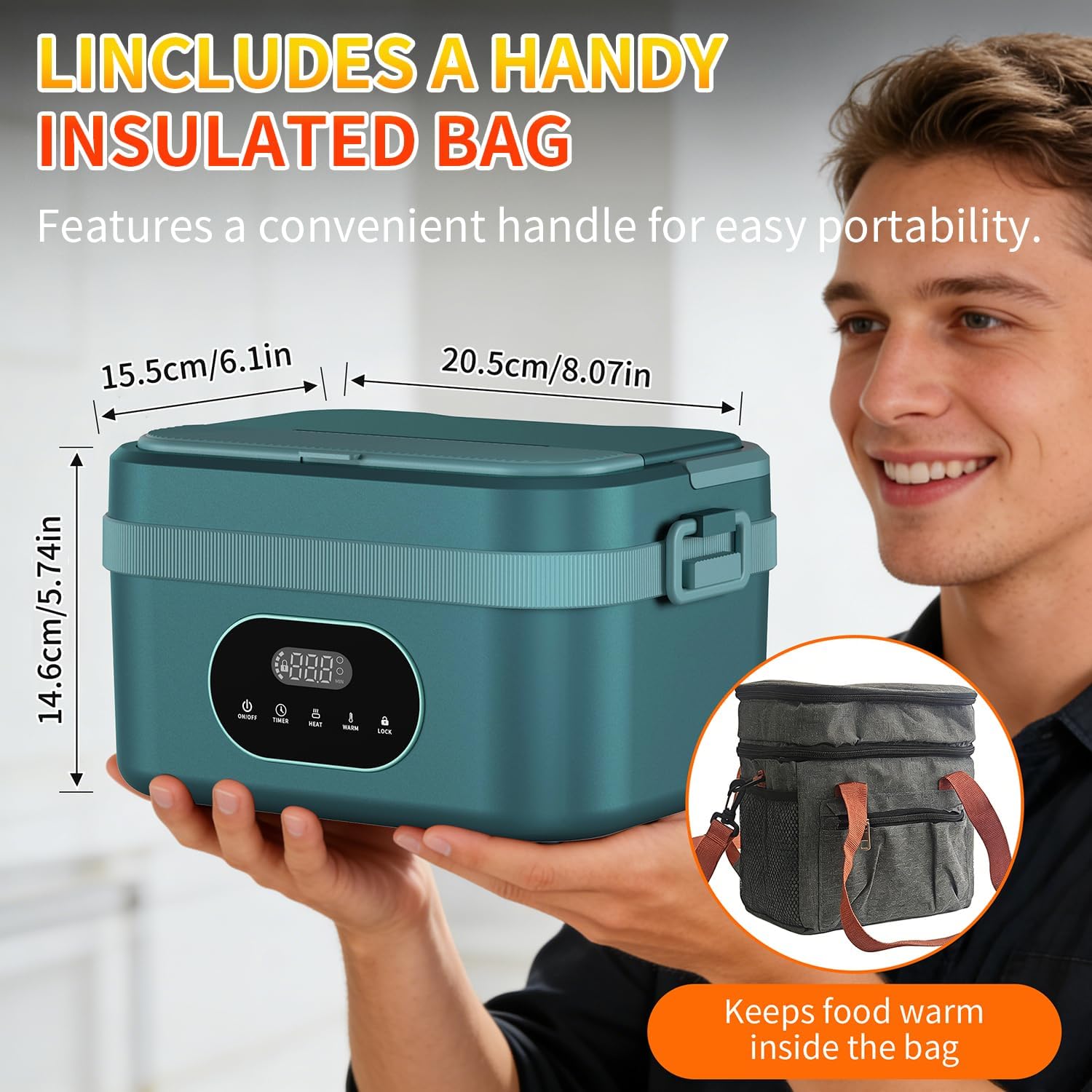 Cordless Electric Lunch Box for Adults,Battery Powered Heated Lunch Box,Portable Food Warmer for Work Car Travel,5-Sided Fast Heating,24000mAh Rechargeable,Stainless Steel Containers,Insulated Bag