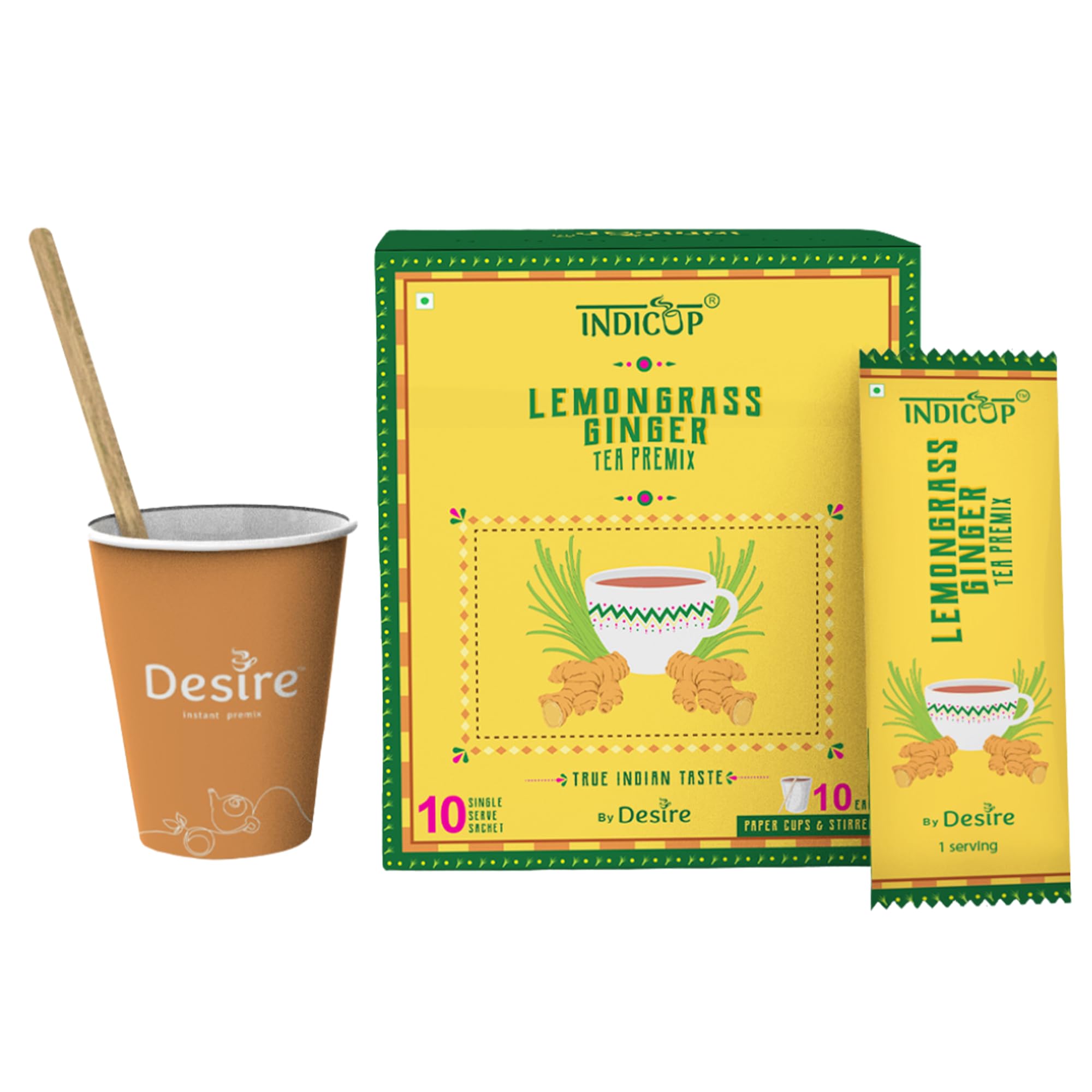 INDICUP Lemongrass Ginger Tea Instant Premix, Pack Of 1-10 Sachets (140Gms), Instant Tea Mix, Refreshing Taste - Green, Powder