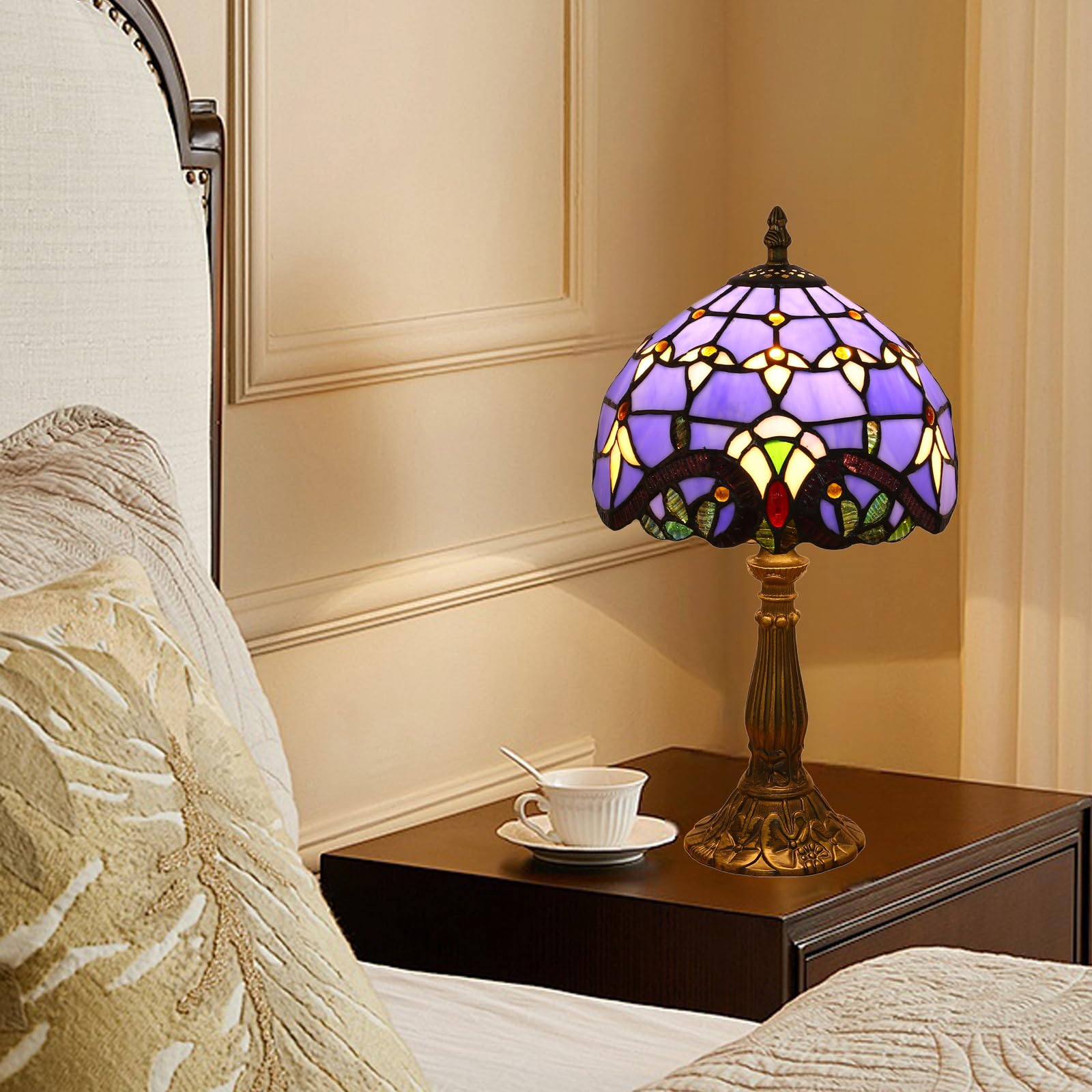Tiffany Tischlampe, Kleine Retro Lampe, Deko Tischleuchte Nachttischlampe, Handcraft Bunte Glas Lampenschirm, für Schlafzimmer Wohnzimmer Büro