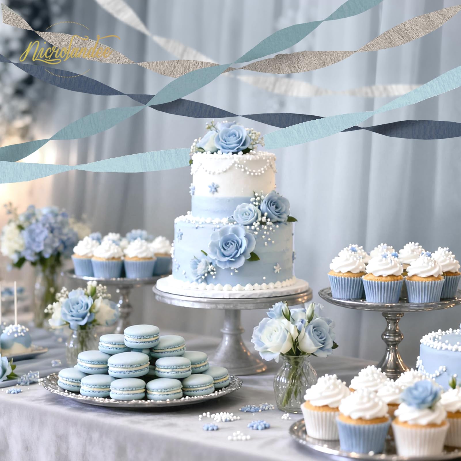 NICROLANDEE 5 rotoli di carta crespa blu polveroso grigio argento per decorazioni di nozze, ghirlanda di carta decorazione per qualcosa di blu, addio al nubilato, sfondo per baby shower