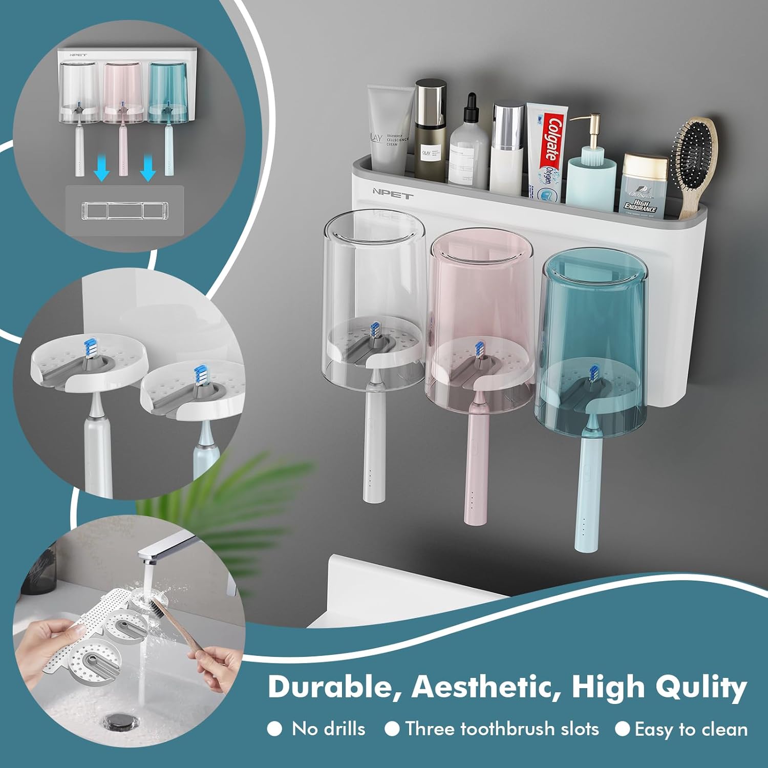 NPET Toothbrush Holder for Bathroom,3 Cups Toothbrush Holder Set Wall Mounted, Ideal Bathroom Accessories Organization - Image 5