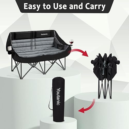 Miniatura 7 de Silla de campamento doble de gran tamaño, sofá de camping plegable con bolsillo, portavasos y bolsa de transporte, sillas de camping portátiles