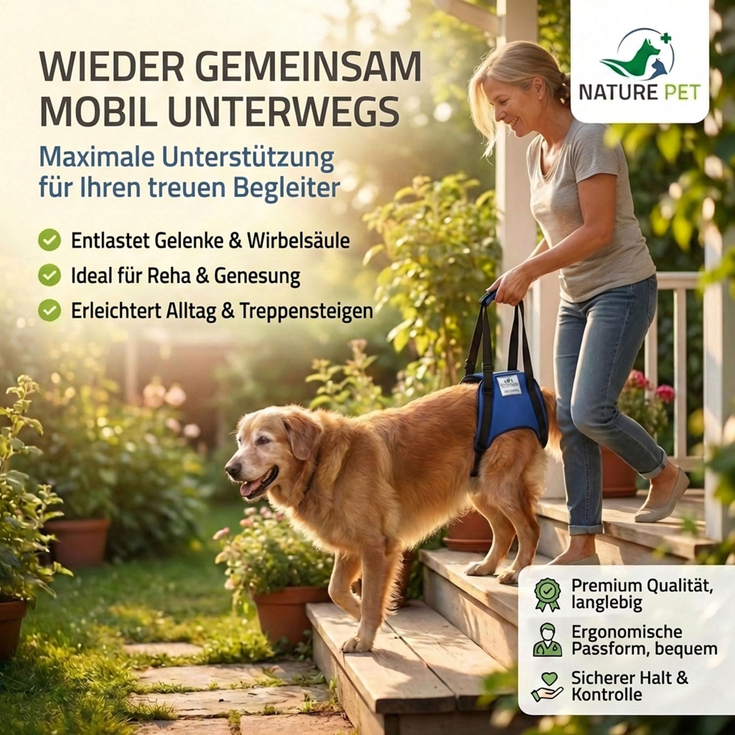 Nature Pet © - Tragehilfe Hund hinten - Verstellbarer Hunde Tragegurt als Treppenhilfe - Ideal für ältere, kranke oder operierte Vierbeiner - Praktische Unterstützung für Mobilität (M, Schwarz)