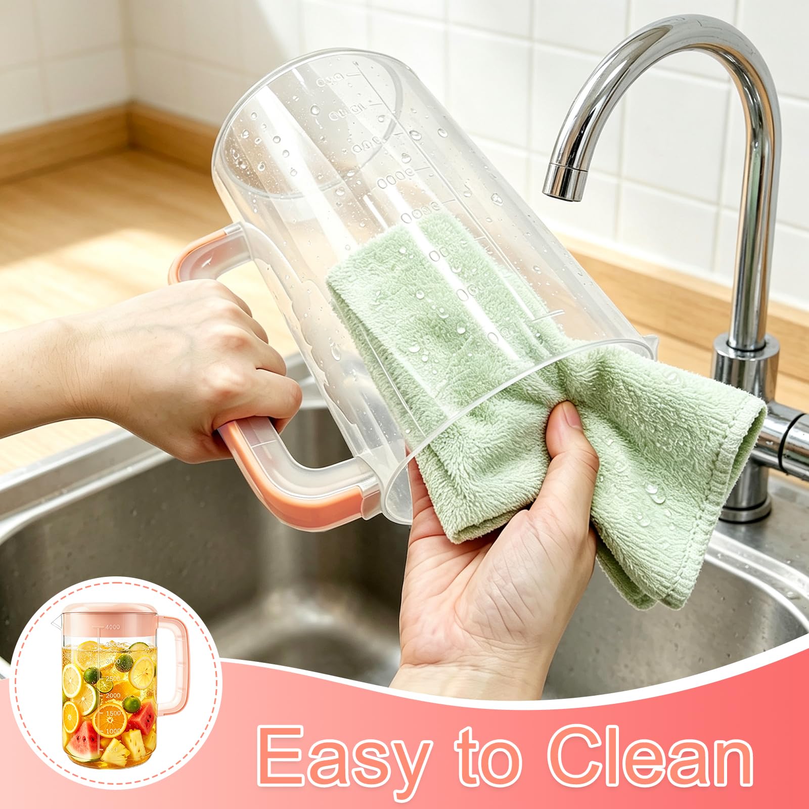 Nexboraque Paquete de 2 jarras coladoras de plástico de 1 galón con tapa, jarra de agua grande con asa y medidas para bebidas frías, jarra de té helado para limonada, leche, jugo, bebidas, rosa,