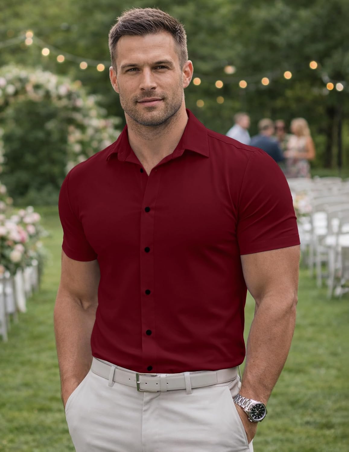 Mens Muscle Fit Casual Dress Shirts Short Sleeve Wrinkle-Free Button Down Shirt - Image 3