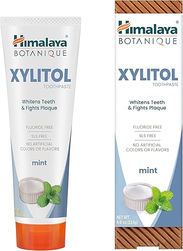 Himalaya Botanique Xylitol Toothpaste, Mint Flavor - Fluoride Free Toothpaste to Whiten Teeth, Fight Plaque and for Fresh Breath - Vegan, Gluten