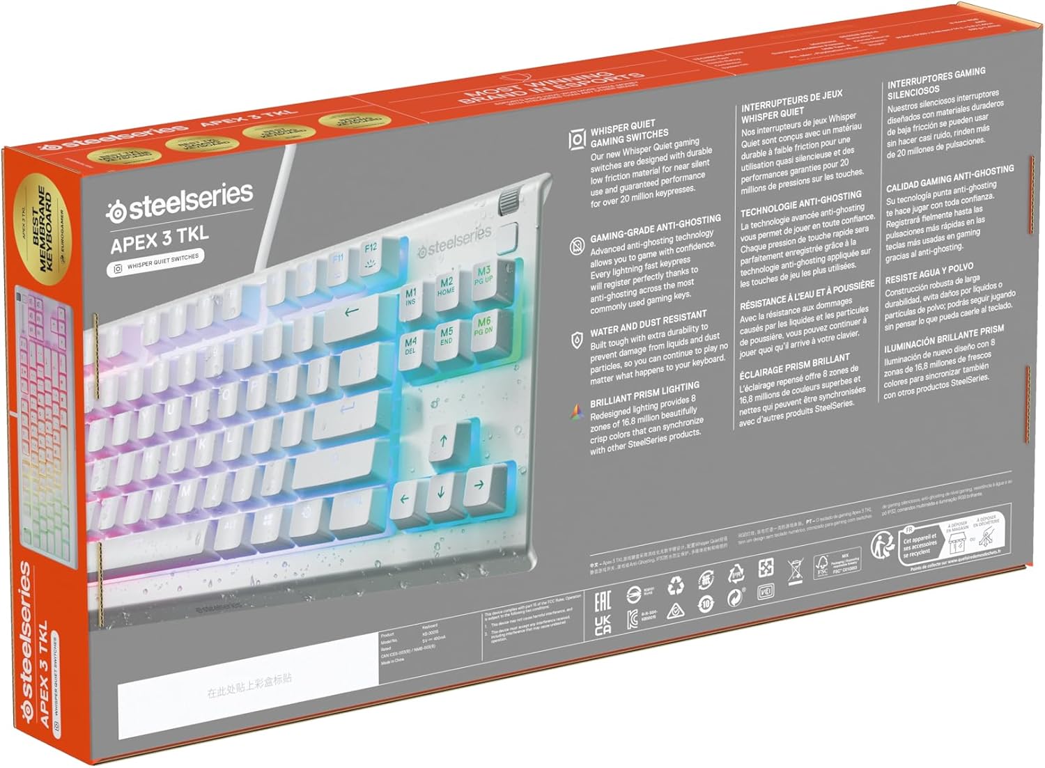 Apex 3 TKL - Tastiera Gaming Bianco - Fattore di forma compatto senza tastierino - Illuminazione RGB a 8 zone - Resiste ad acqua e polvere - Switch da gaming super silenziosi - FR AZERTY - Tastiera gaming - Immagine 9