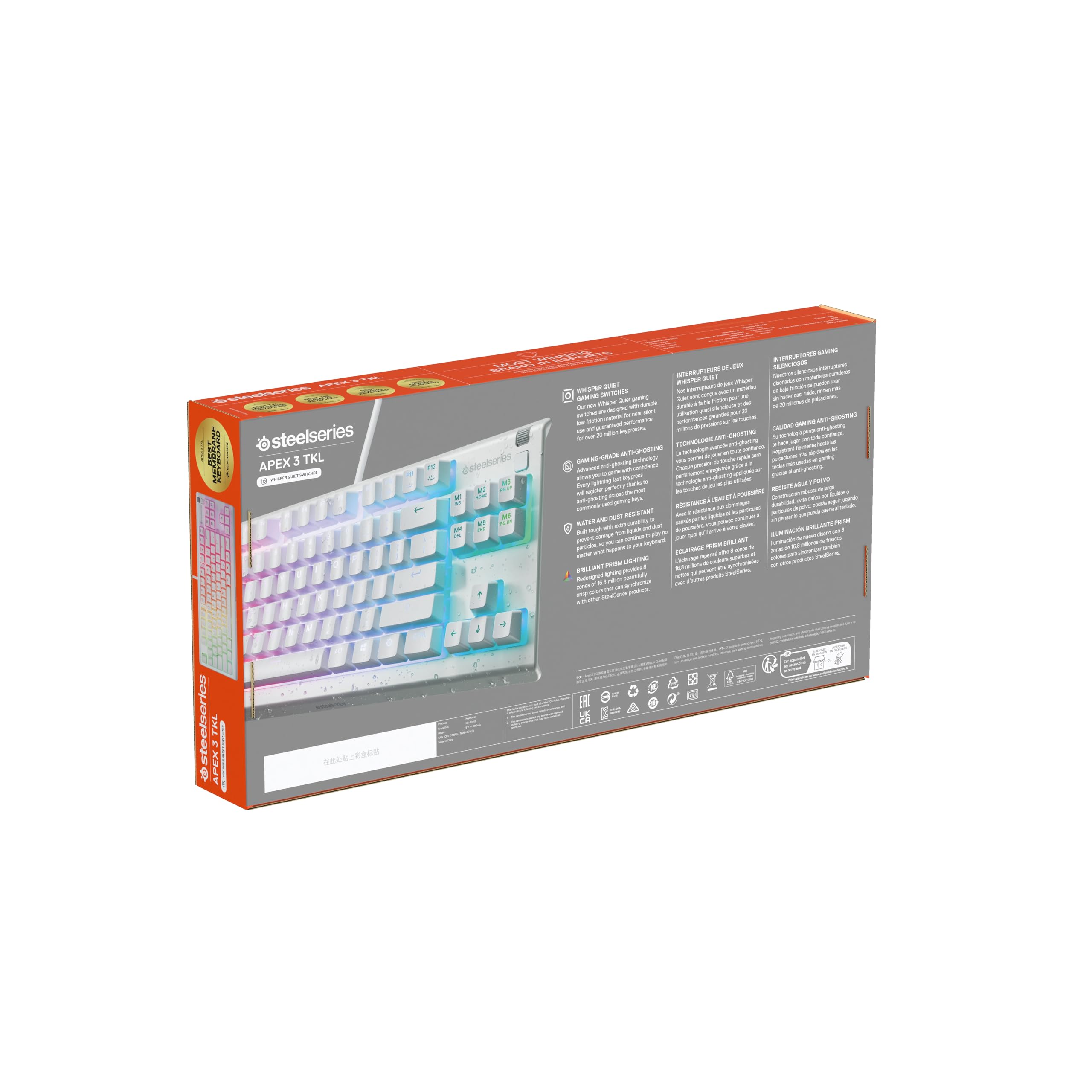 SteelSeries Apex 3 TKL - Tastiera Gaming Bianco - Fattore di forma compatto senza tastierino - Illuminazione RGB a 8 zone - Resiste ad acqua e polvere - Switch da gaming super silenziosi - UK QWERTY