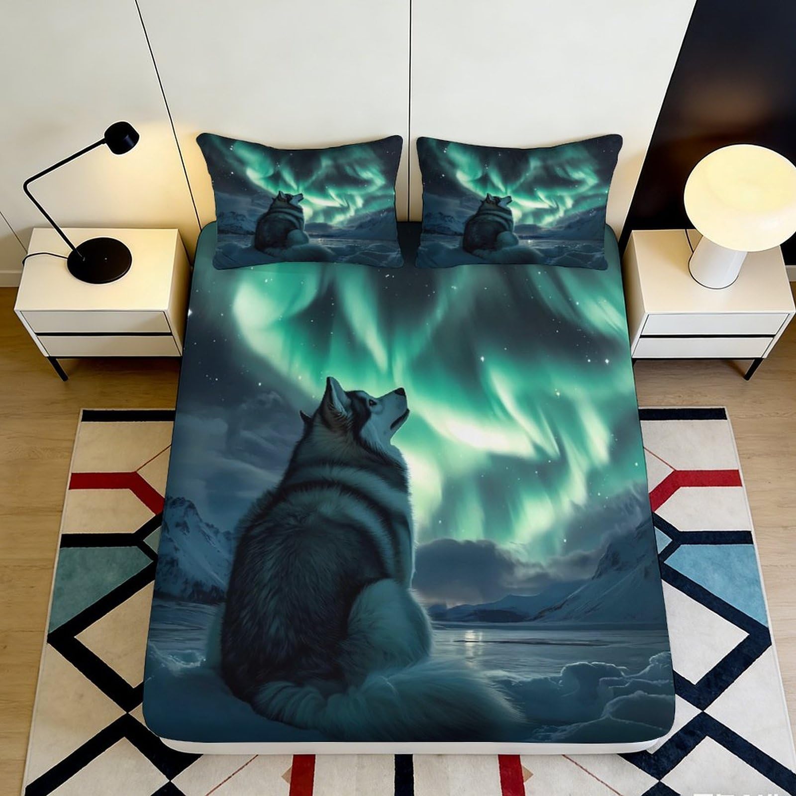 3D Printed Aurora Wolf Fitted Sheet Microfiber Soft Breathable Northern Lights Mattress Cover for Bedroom Dorm Decor 90x200x25cm