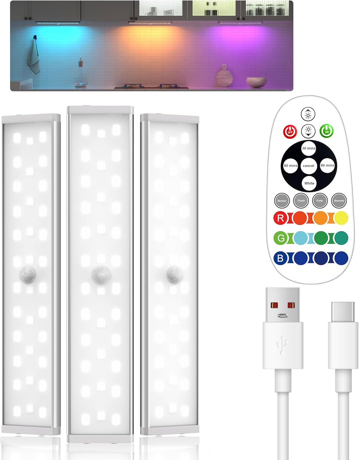 Under Cabinet Lights,58 LED Motion Sensor Light Indoor,RGB Rechargeable Under Cabinet Lighting with Remote,3PACK Stick-On Magnetic Wireless Closet Light Bar for Kitchen Shelf, Car, Hallway