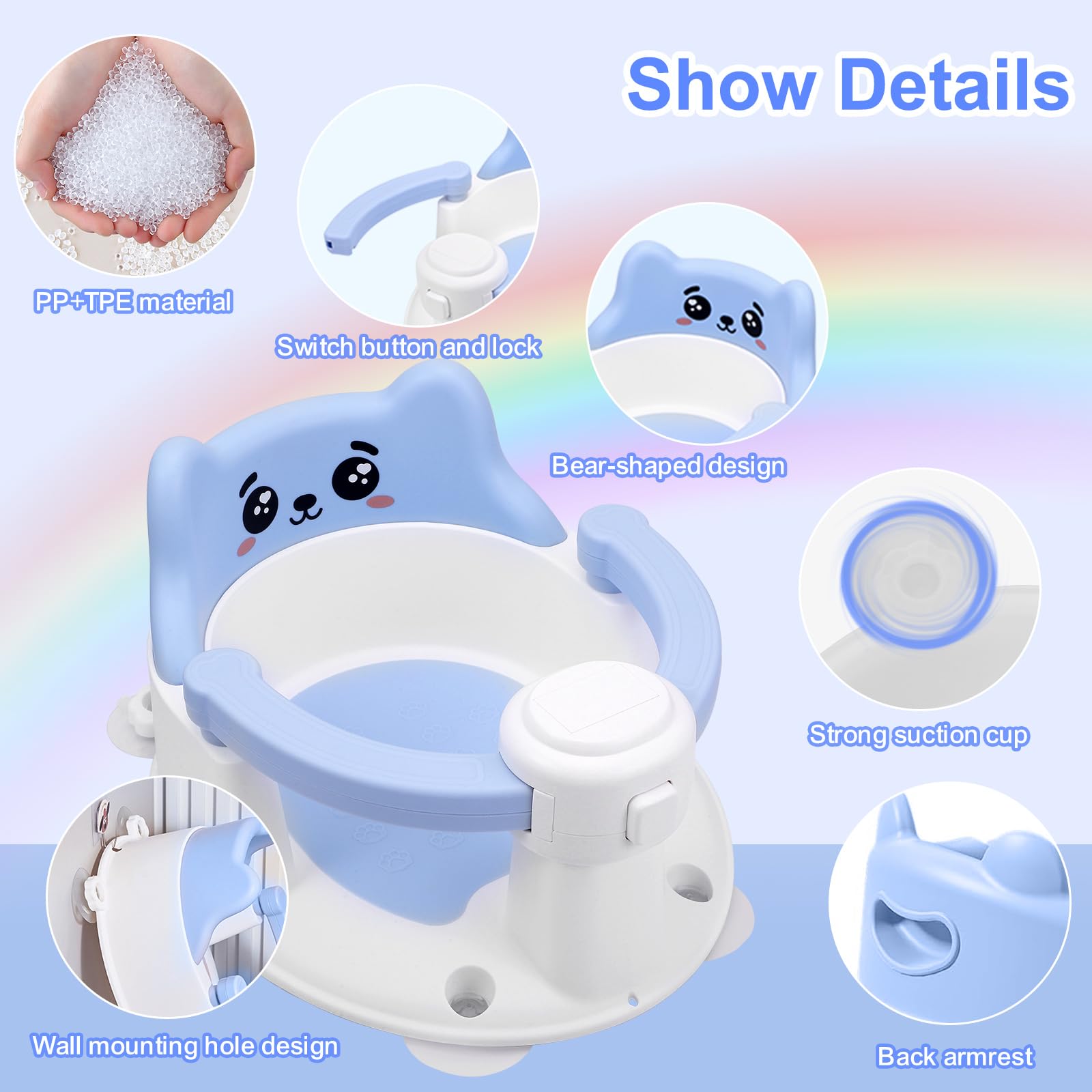 Asiento de Bañera para Bebés a Partir de 6 Meses, Silla Bañera Bebe con 4 Ventosas, Asiento Bebe Bañera para Ducha o Infantil, Regalos de Baño y Ducha para Niños Pequeños y Recién Nacidos (Azul)