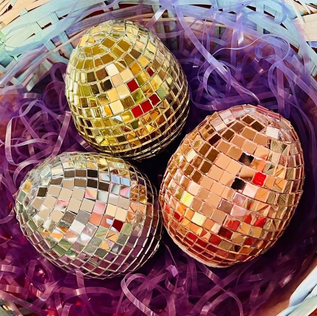 Easter Decorations - 3Pcs Disco Easter Eggs, Colorful Reflective Mirror Disco Ball for Basket Fillers, Spring Party Decor, Table Centerpiece, Home Decorations Props (Multicolor)