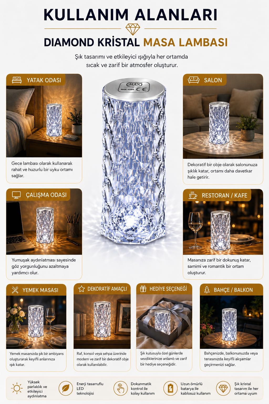Led Şarjlı Masa Lambası, Kristal Masa Lambası, Dıamond Masa Lambası, Kablosuz, 3 Farklı renk Değişimi, Modern, Estetik, Taşınabilir, Karavan, Düğün, Nişan, Davet, Organizasyon, Bahçe Masa Lambası