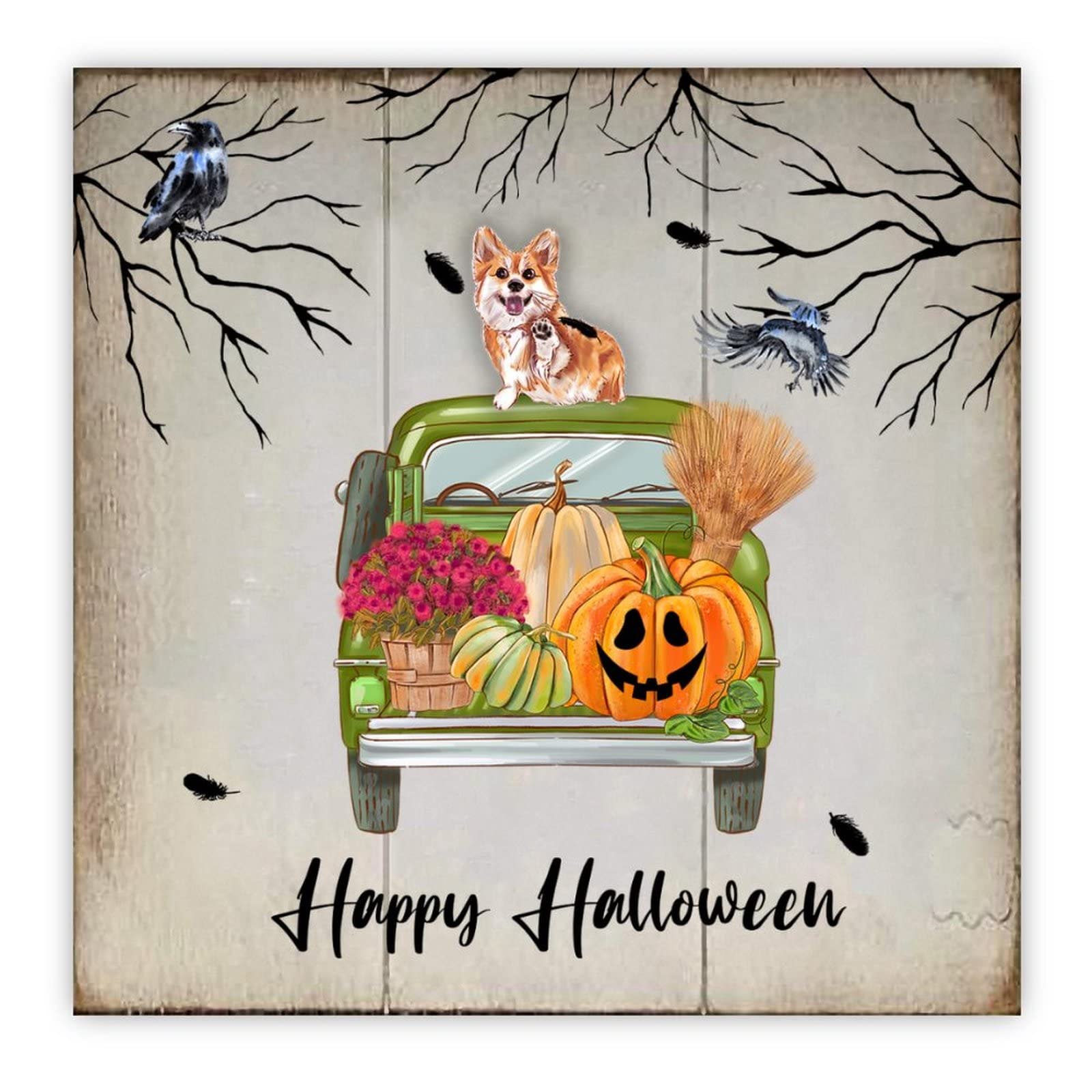 Panneau en bois Happy Halloween vert décoration murale style ferme pour maison