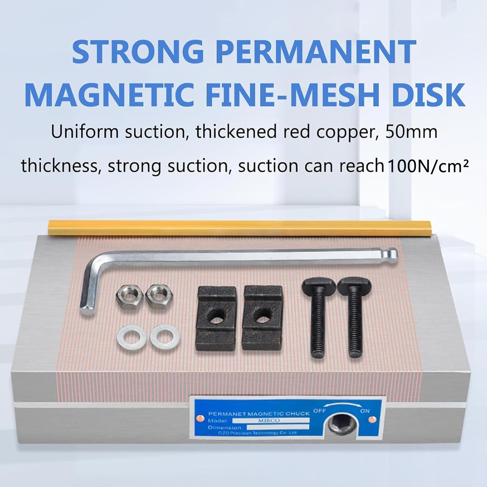 Portabrocas magnético permanente de 100 x 175 mm, poste magnético de 0,5 + 1,5, fuerza de succión ≥ 150 N/Cm², sellado a prueba de fugas para mecanizar piezas de trabajo magnéticas
