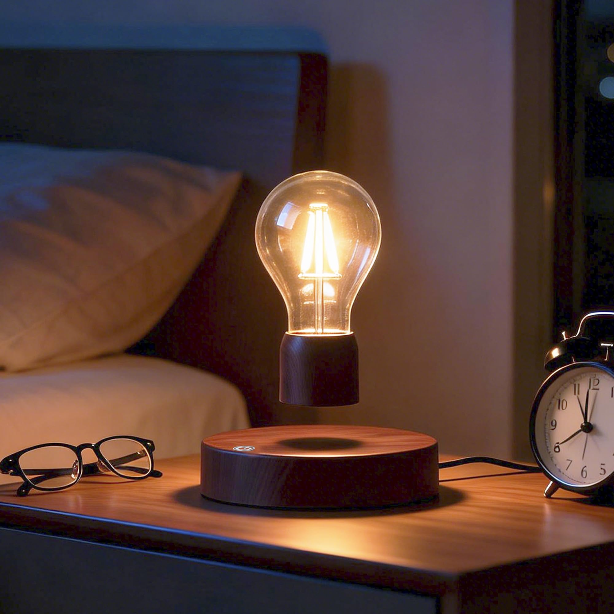 Magnetic Levitating Floating Wireless LED Light Bulb Desk Lamp for Unique Gifts, Room Decor, Night Light, Home Office Decor Desk Tech Toys (Round Wooden Base..)