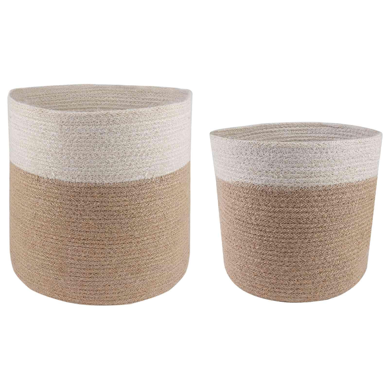 Juego de 2 macetas de yute trenzado, 28 cm de diámetro y 21 cm de diámetro, macetas para plantas de interior y balcón, decoración rústica en color natural y blanco