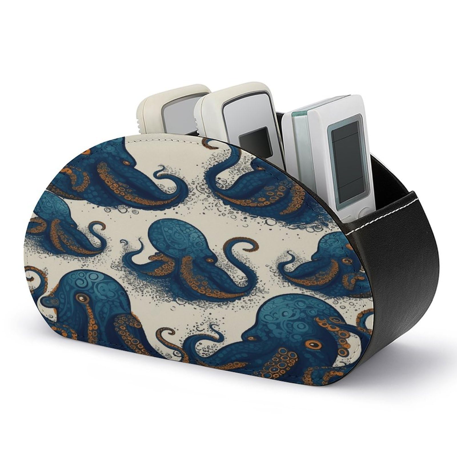 VstaDank Tentacles Octopus Remote Control Holder Farmhouse TV Media Remote Storage Box with 5 Compartments PU Leather Remote Caddy Desktop Organizer for Home Bedside Table Organizer