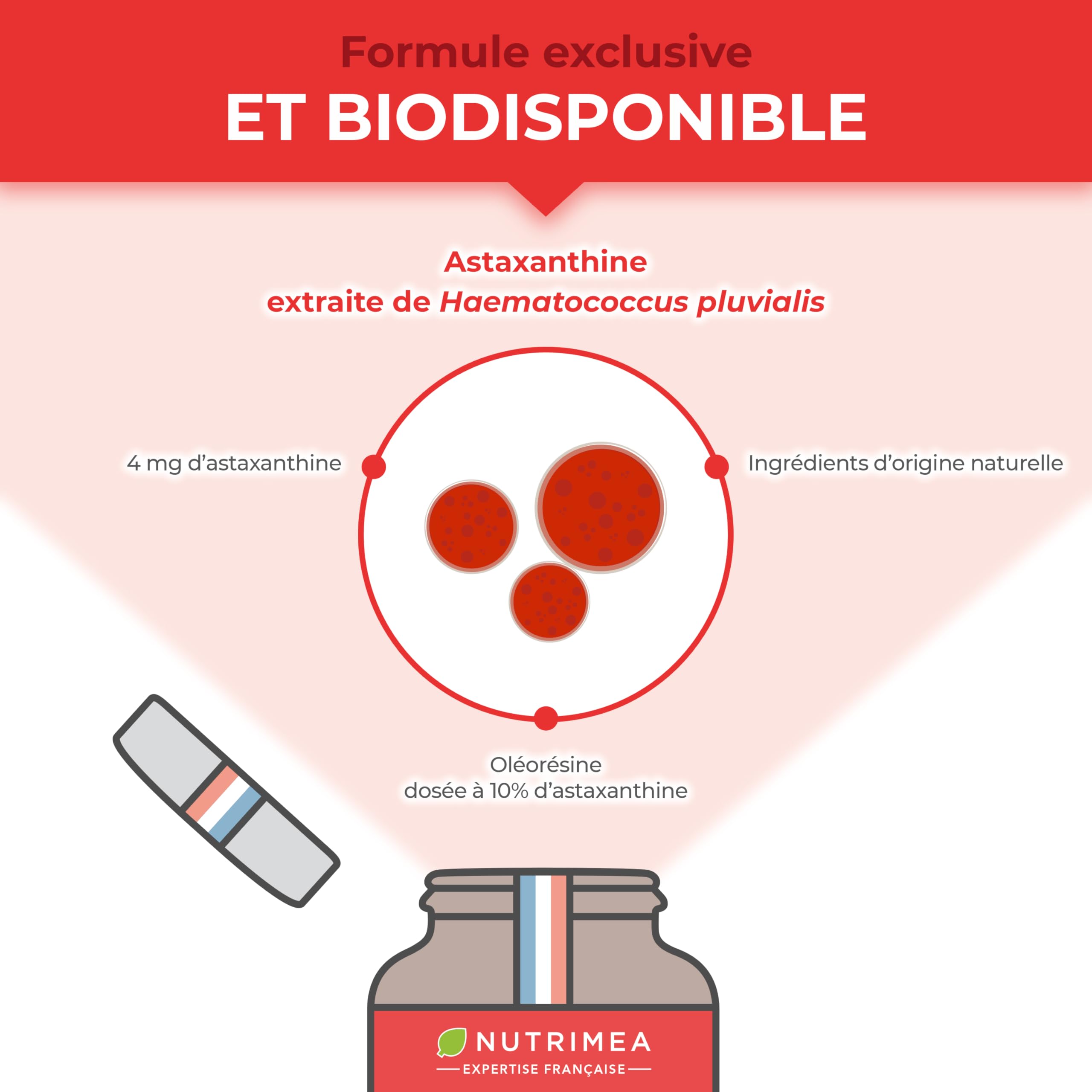Astaxanthine - Extrait de Haematococcus Pluvialis 40 mg - 100% Naturel - Vegan - Antioxydant - Formule Premium - 60 Capsules - Nutrimea - Fabriqué en France