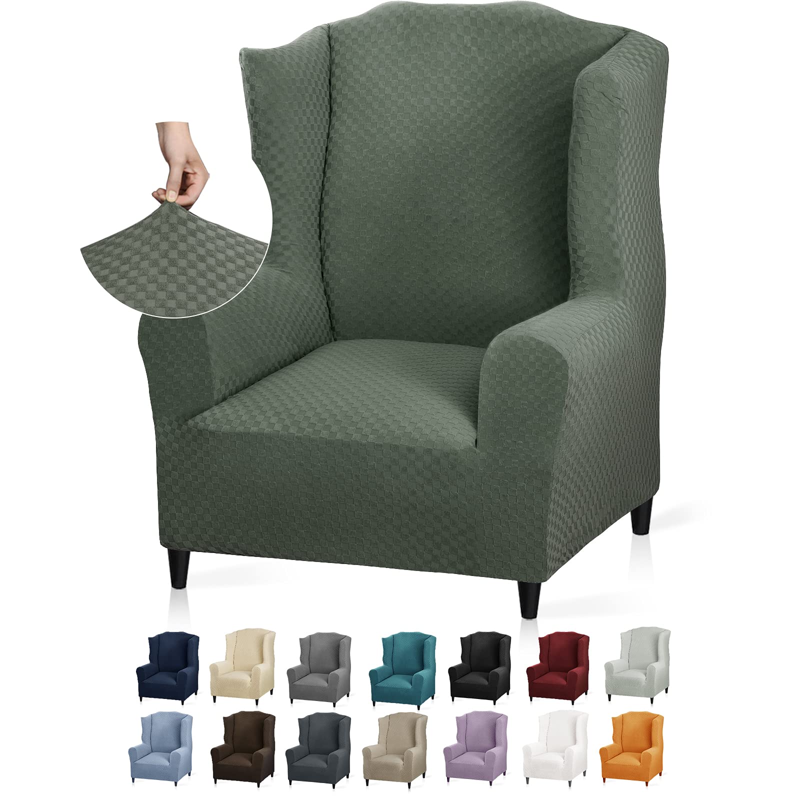 YEMYHOM 1 Piece Stretch Wingback Chair Slipcover Latest Jacquard Design Wing Chair Cover Non Slip Furniture Protector with Foam Rods for Living Room (Wing Chair, Army Green)