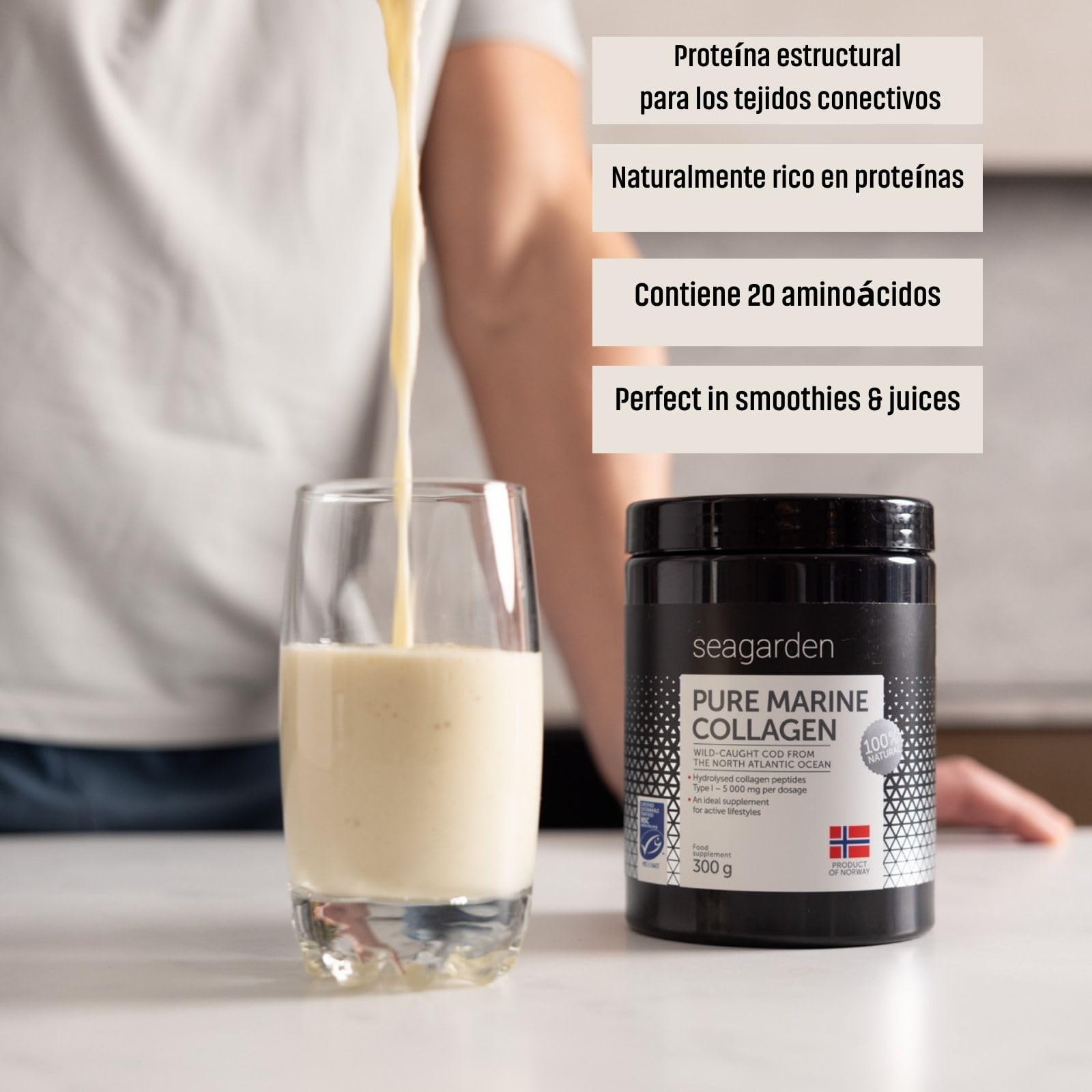 Seagarden Polvo de Colágeno Marino Puro 100% Noruego - Colágeno Hidrolizado Tipo I de Bacalao Ártico Salvaje, Para Piel, Cabello, Uñas, Tendones, Músculos - 300 g (2 Meses, Sin Sabor)