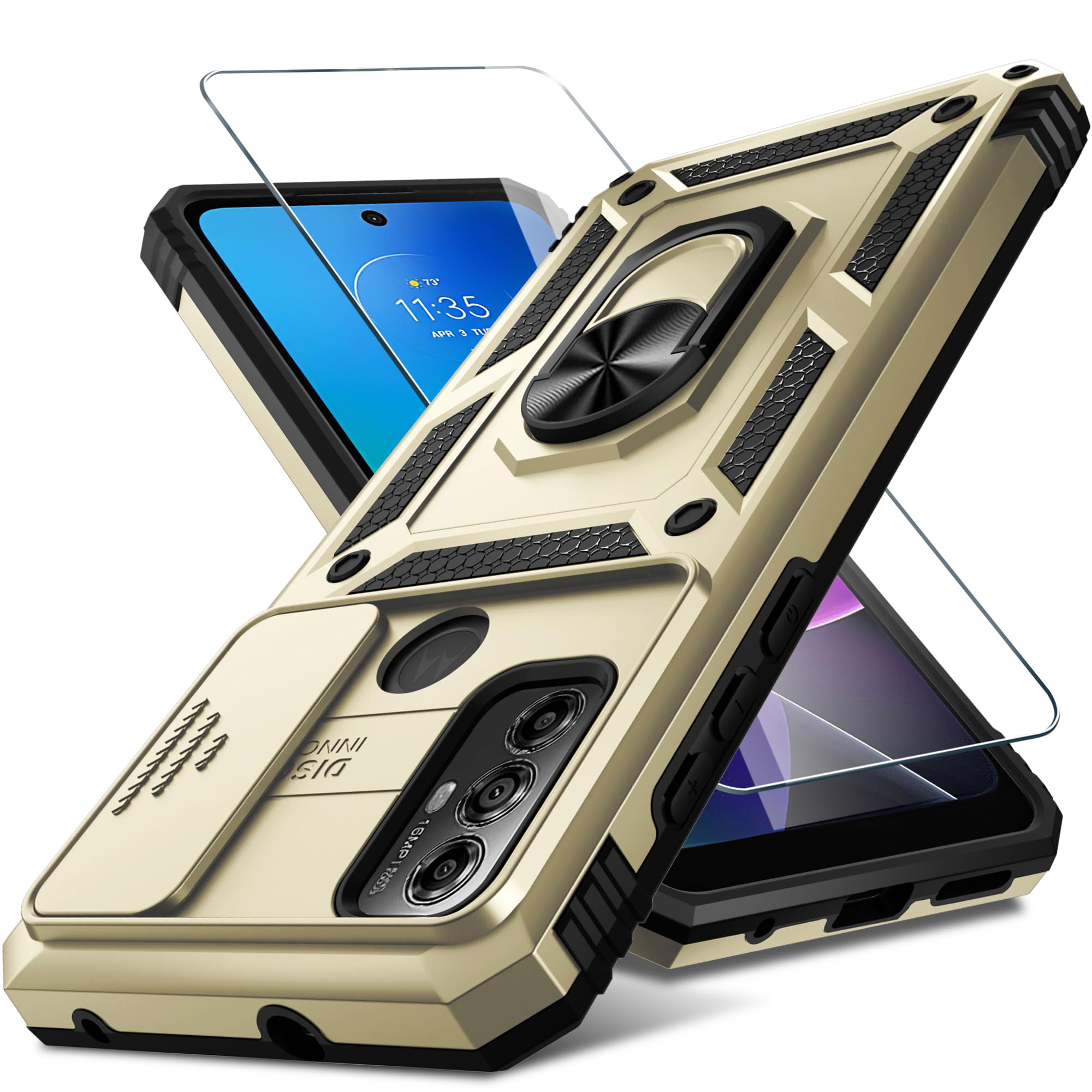 Janmitta Compatible with Moto G Play 2023,G Power 2022/G Pure Case Built in Slide Camera Lens Cover+Screen Protector+Ring Holder,Heavy Duty Shockproof Full Body Phone Cover,Gold