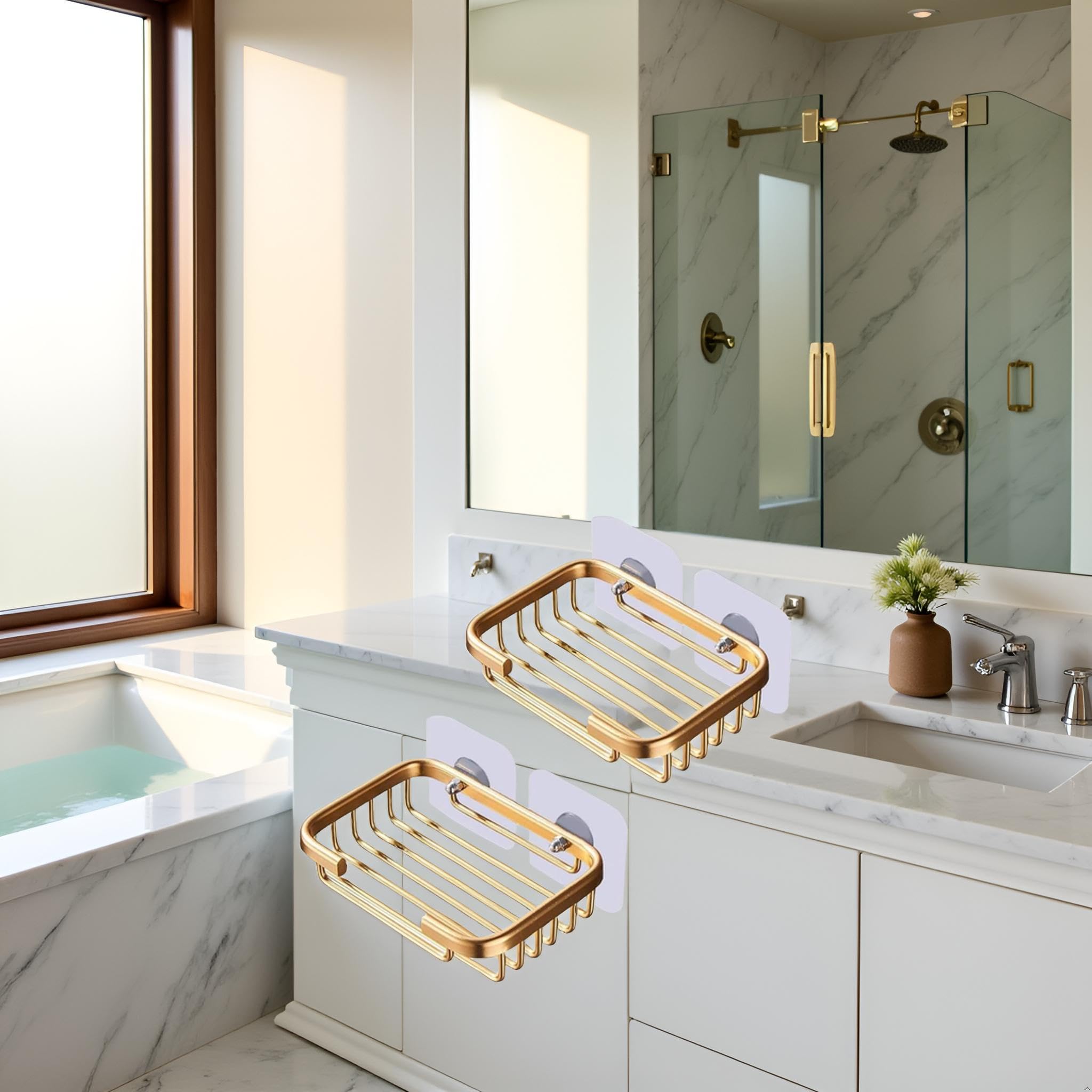 2 jaboneras doradas para ducha, estante de drenaje colgante creativo, soporte autoadhesivo para jabonera, estante de almacenamiento de jabonera, libre de daños, taladro de baño, jaboneras de baño, 6