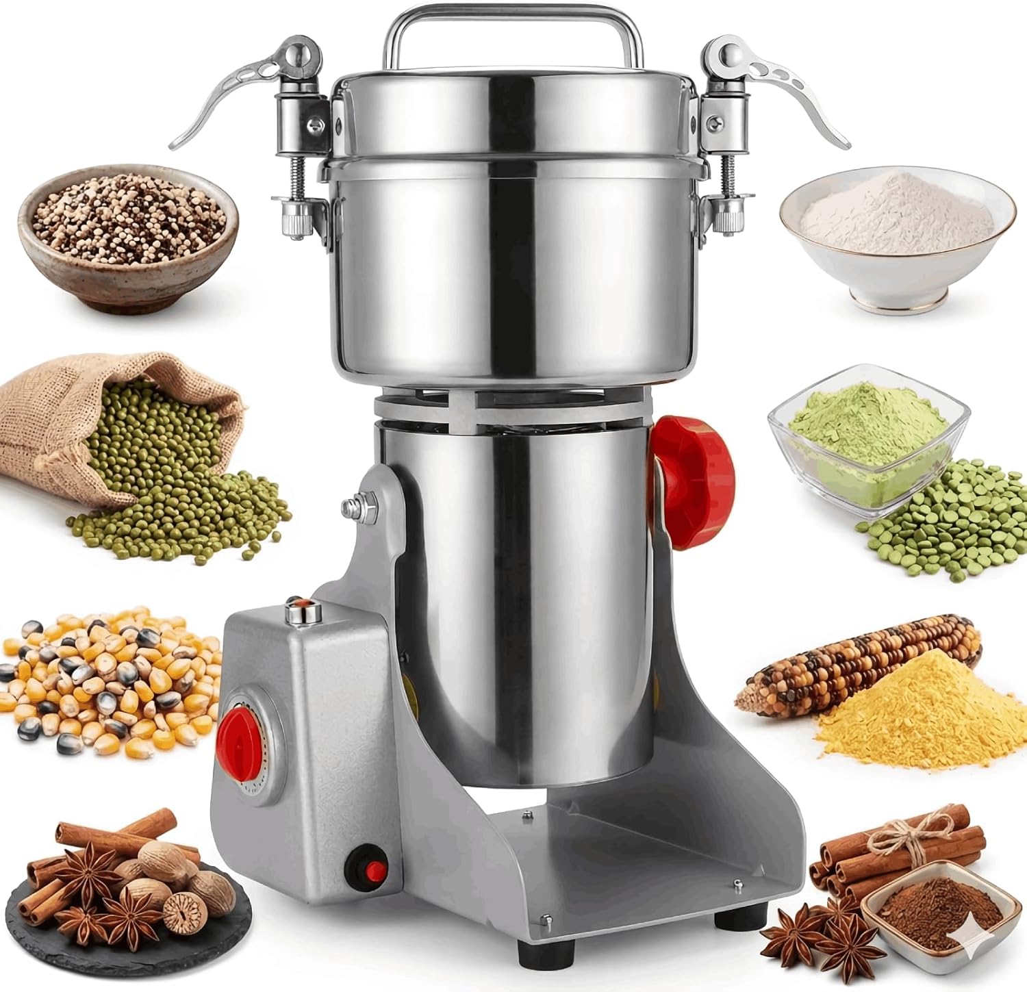 Electric Grain Mill Grinder 800g, High-Speed 110V Stainless Steel Grain Grinder for Flour, Dry Spices, Herbs, Coffee, Rice & Pepper, with 270° Swing Design & Powerful Motor (800g)