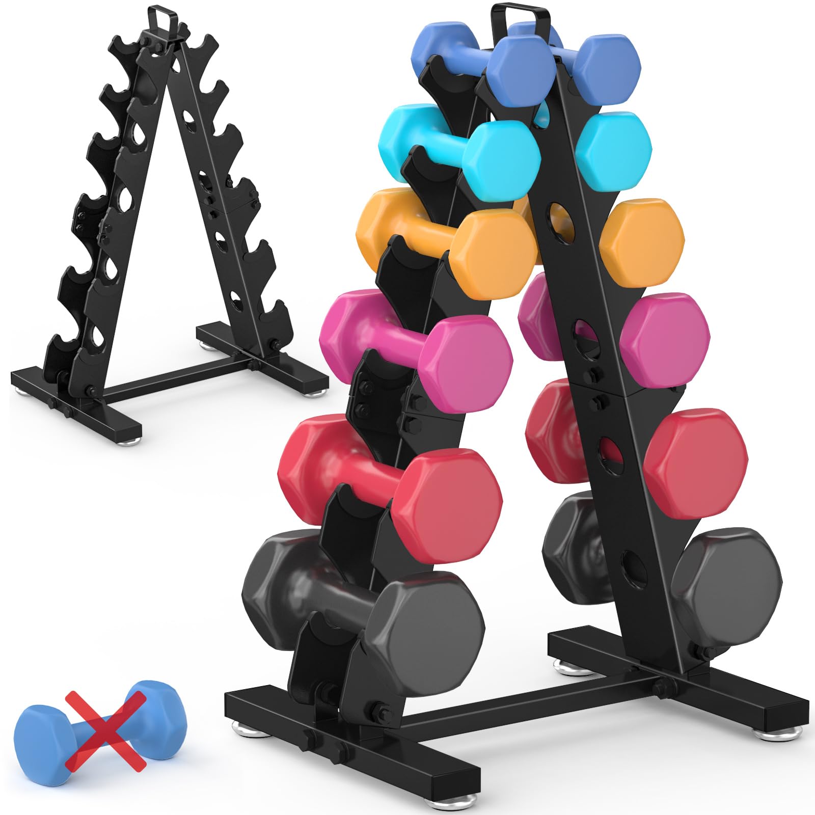 tomcare 6-tier|5-tier|4-tier dumbbell rack stand only, weight rack for home gym storage stand for weights metal a-frame strength training dumbbell holder with handle (dumbells not included)