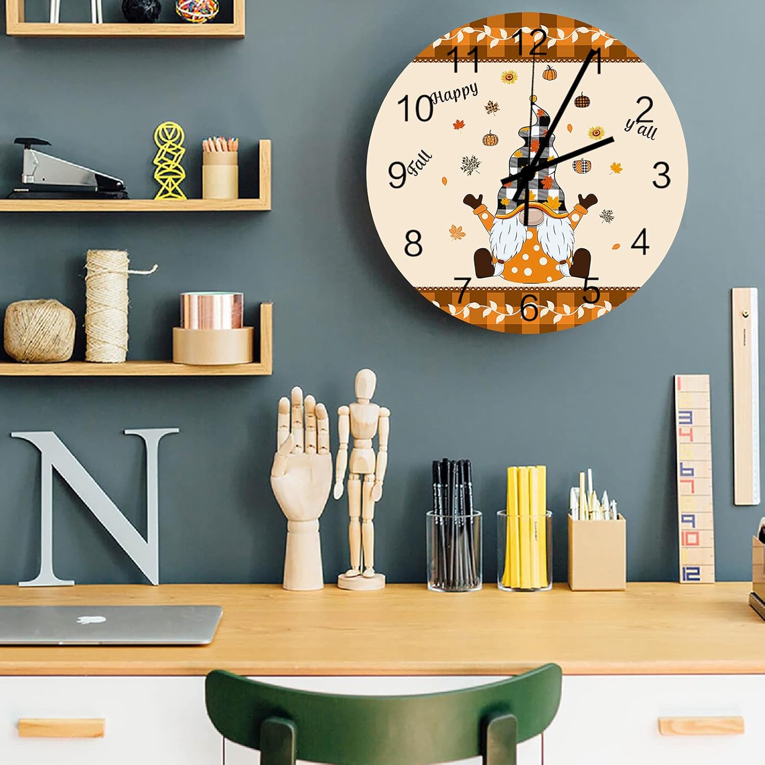 Savannan Wooden Wall Clock 12" Happy Fall Y'all Thanksgiving Caartoon Gnome Orange Buffalo Check Battery Operated Silent Non-Ticking Round Hanging Wall Clock for Living Room Bedroom Office Kitchen