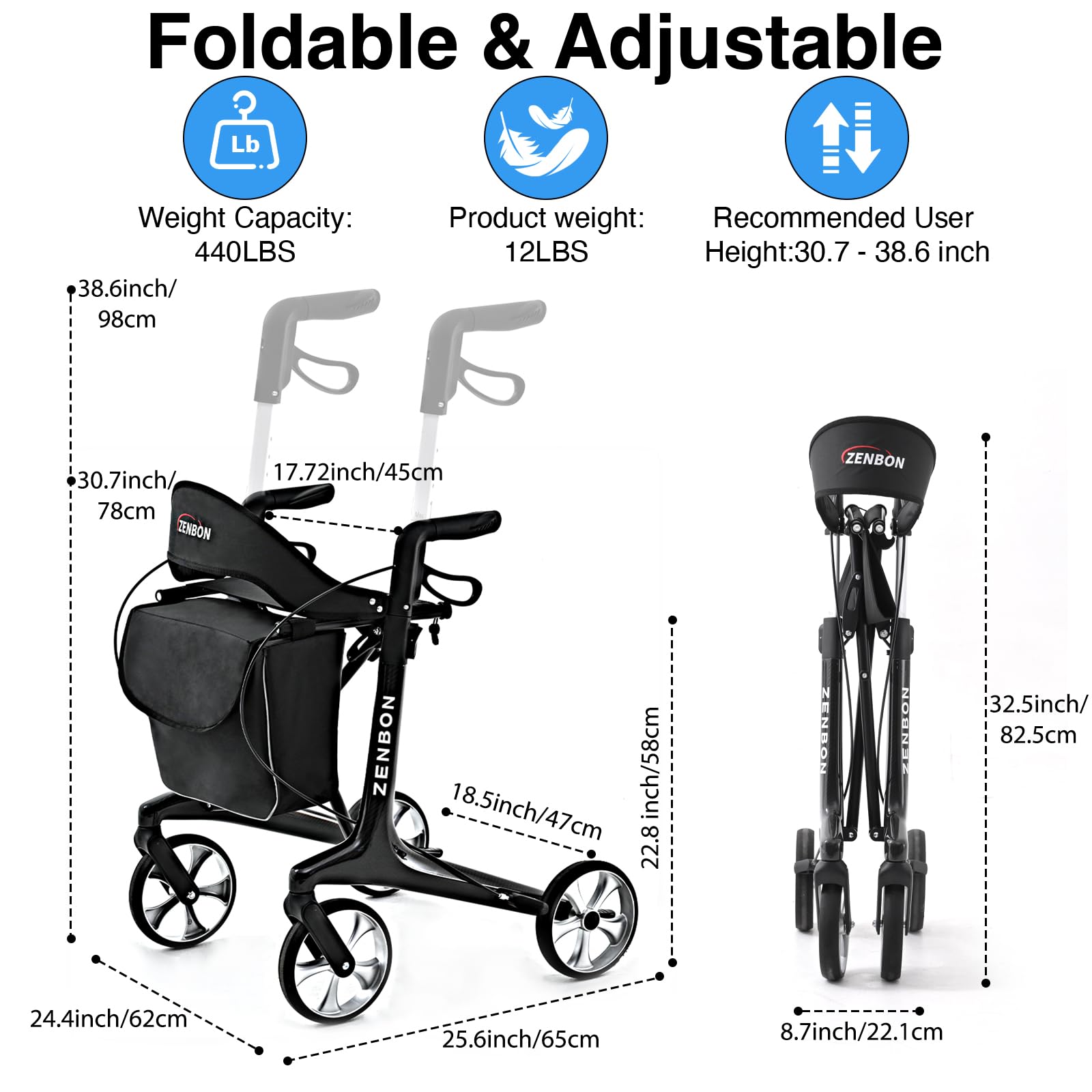 Carbon Ultralight Rollator Klappbar 5,5 kg: Rollator Faltbar und Leicht mit Sitz Wohnungsrollator Faltbarer für Senioren - Premium Gehhilfe Rollatoren für Kofferraum Reise und Flug (Schwarz)
