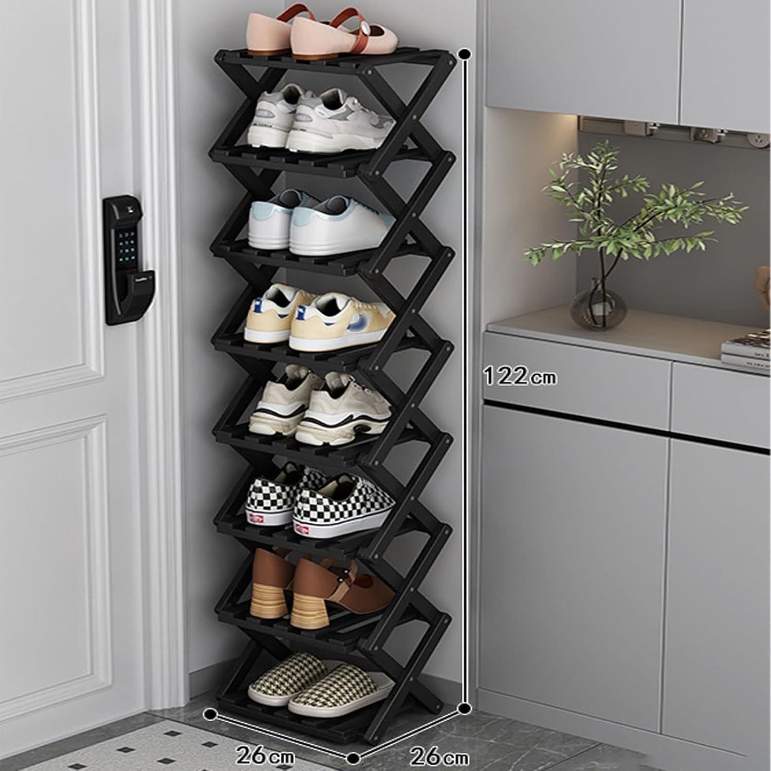 Foldable Shoe Rack — Vertical, Narrow, and Compact; No Assembly Required; Corner Storage Unit — Ideal for Entryways and Hallways.