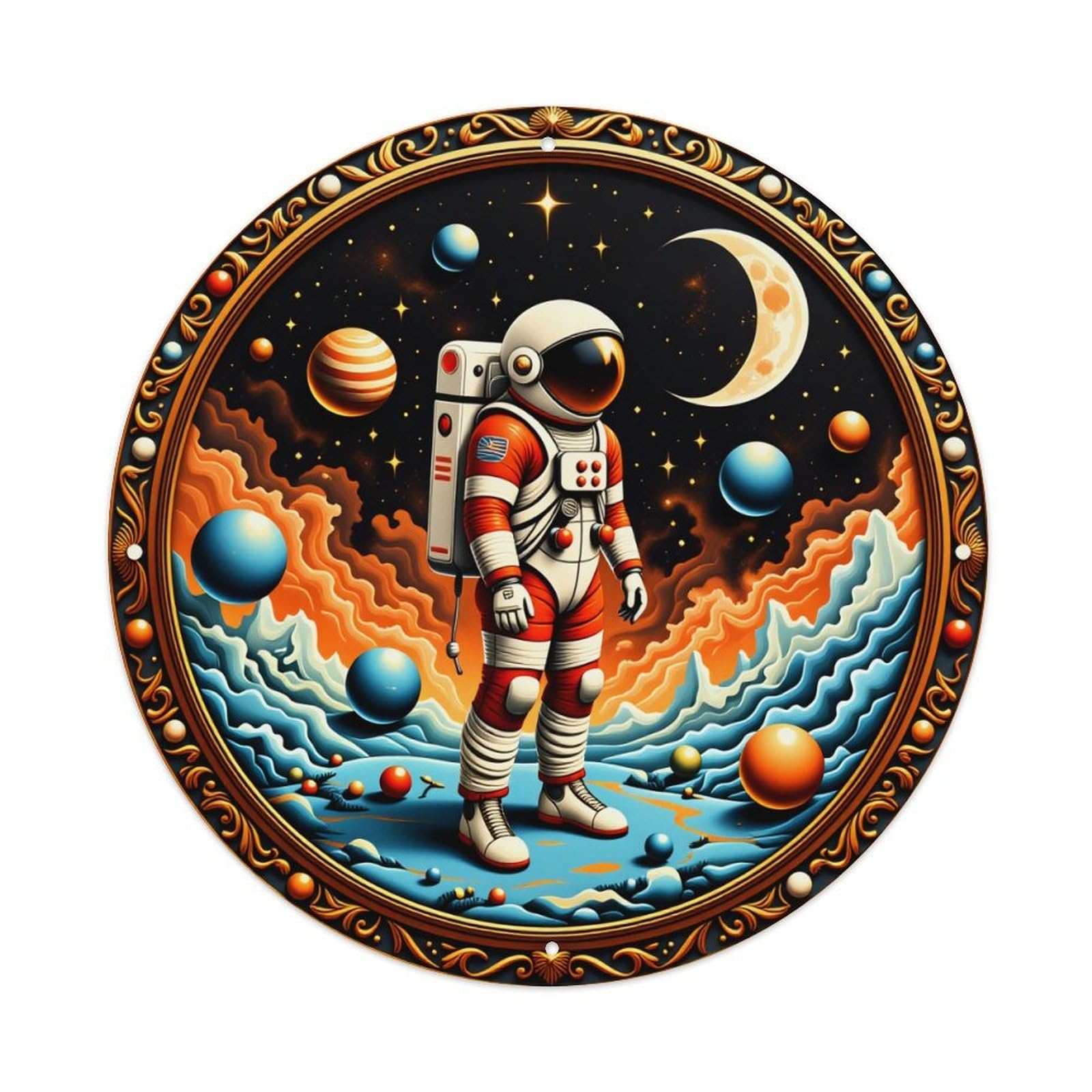 Lzwbntey Vintage Astronaut Space Adventure Cosmic Landscape Planets Metal Tin Sign Retro Wall Decor For Home Bar Garage Cafe, Indoor & Outdoor Decorative，Circle Metal Poster, 8X8 Inch