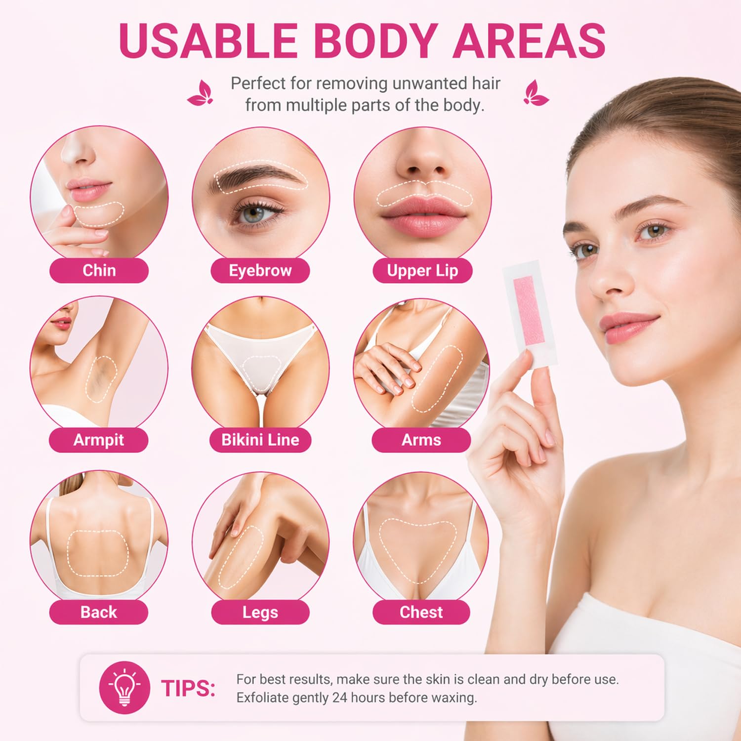48Pcs Facial Wax Strips for Women, Upper Lip & Eyebrow Hair Removal, Hypoallergenic for Sensitive Skin, Removes Even Short Hair, Up to 5 Weeks Smooth, Easy No-Heat Waxing Kit — view 7