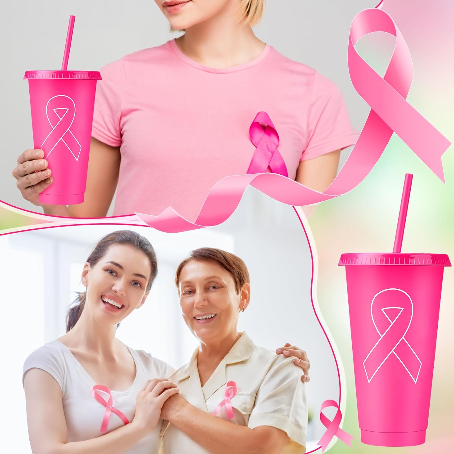 Bokon 24 Breast Cancer Gifts for Women, 24oz Breast Cancer Awareness Tumblers with Straws and Lids Plastic Pink Ribbon Water Bottles Bulk Reusable Pink Cups Coffee Mugs for Women Survivors Gifts