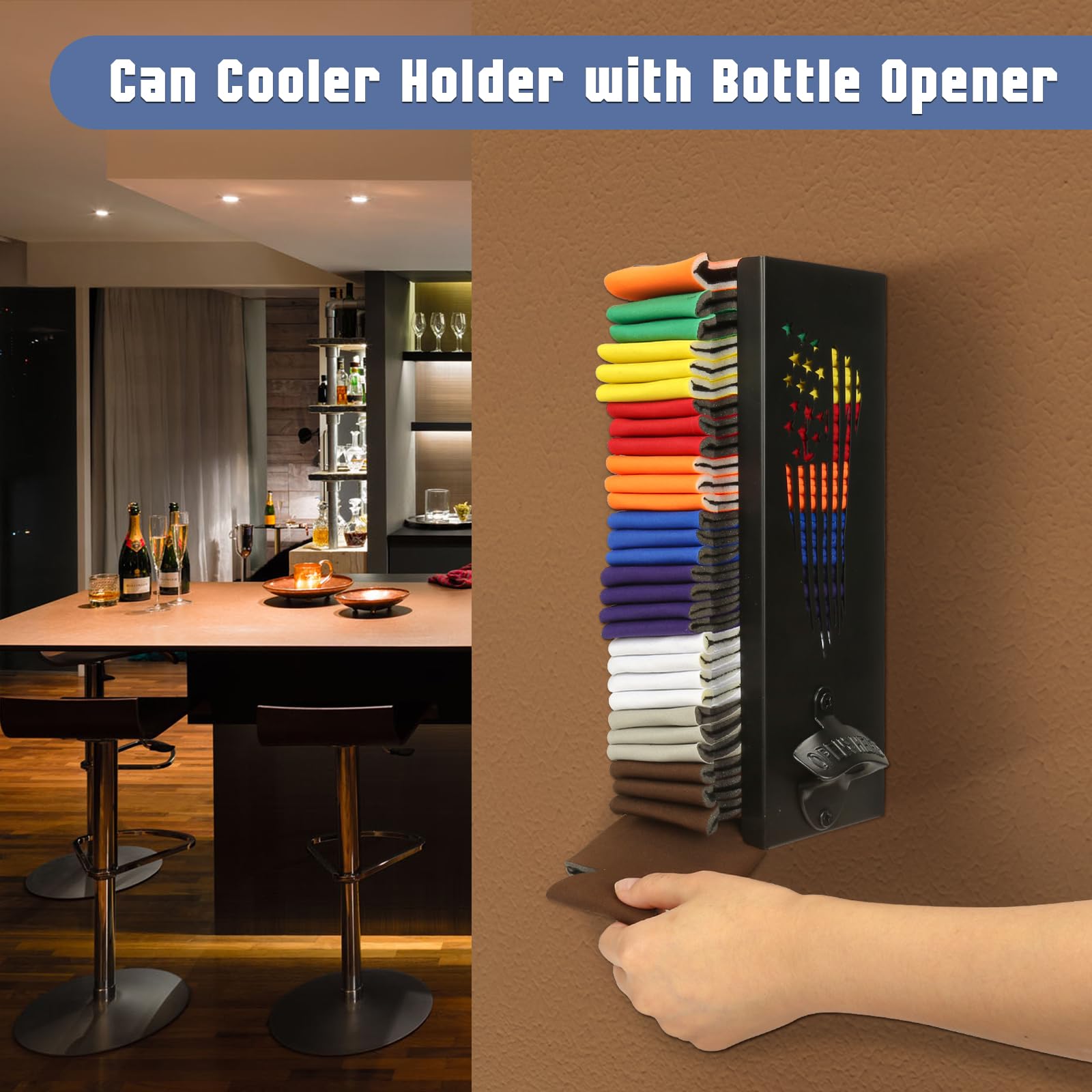CRAKTH 2 in 1 Can Cooler Holder with Bottle Opener, Beer Can Sleeves Storage Organizer and Dispenser for Home Family Bar, Metal, 12", Black