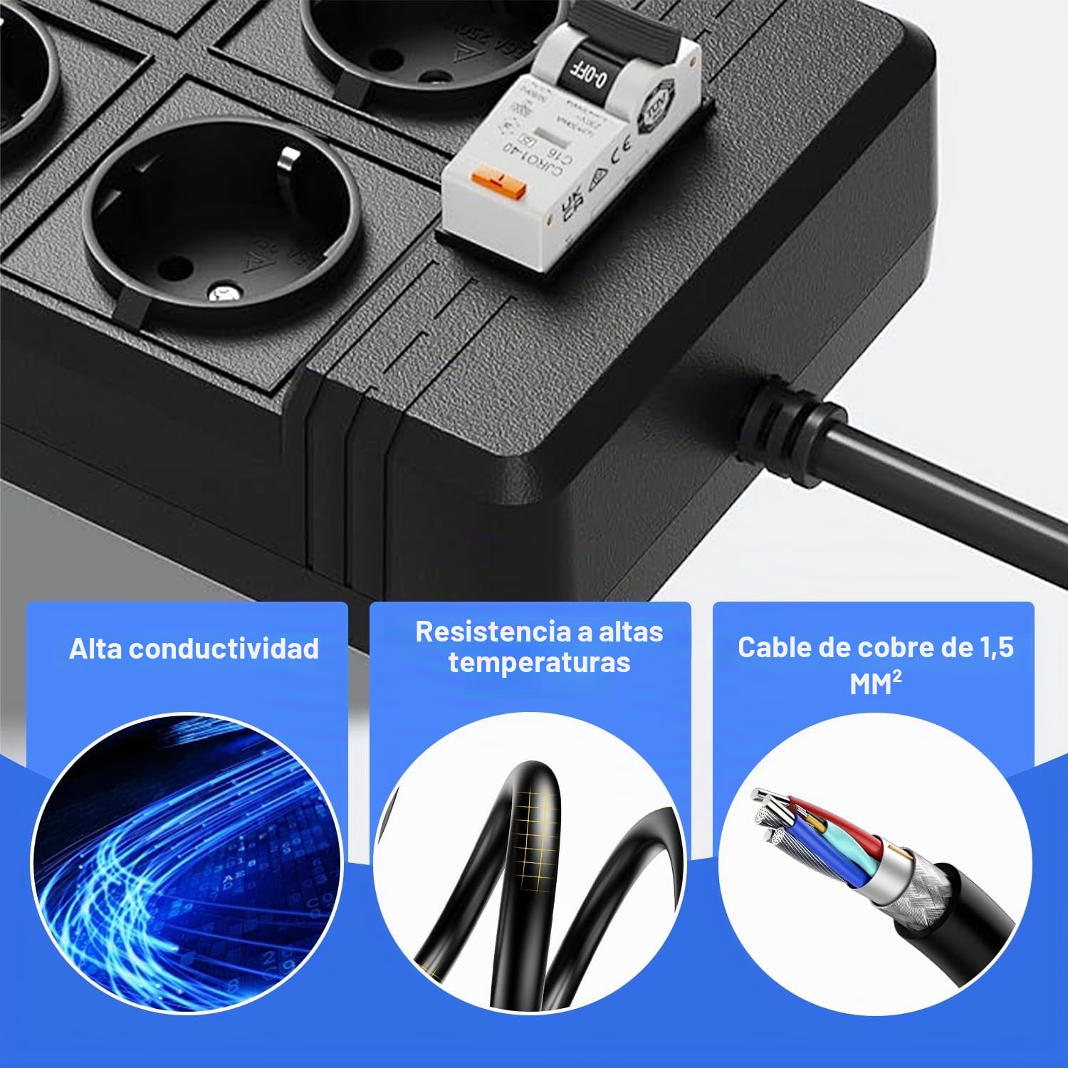 MDee RCD Regleta de enchufes con Interruptor diferencial, Proteccion Sobretension con 4 Toma de Corriente(4000W/16A), Cable alargador de 3 m, para electrodomésticos, Herramientas y Exteriores