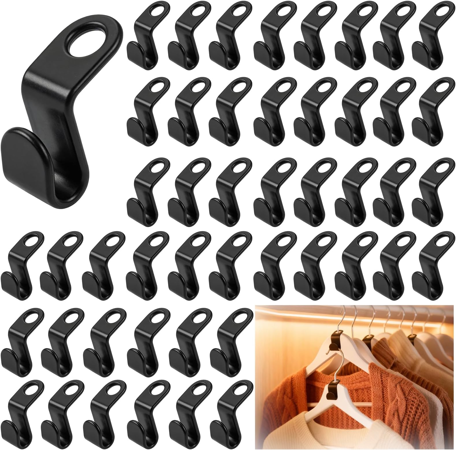 – 50 Pcs Clothes Hanger Connector Hooks, Black Space Saving Hangers for Wardrobe, Multi-layer Stackable Mini Extender Clips, Cascading Coat Hangers, Space Saving Organise for Closet