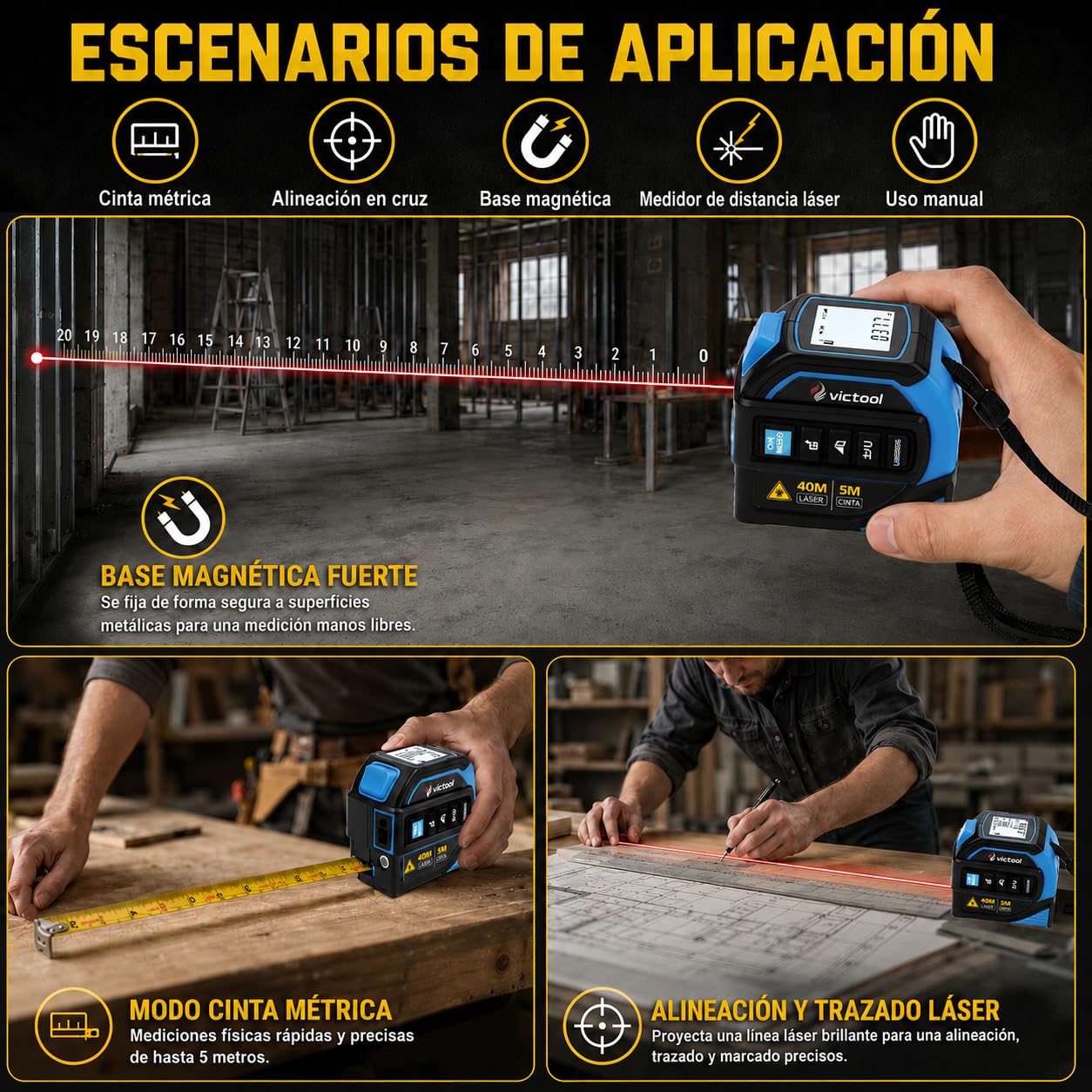 Cinta Métrica Laser 4 en 1, Medidor Laser Distancia 40m y Cinta Metrica 5m, Línea Cruzada de 16m y Trípode, Metro Digital para Bricolaje y Decoración del Hogar