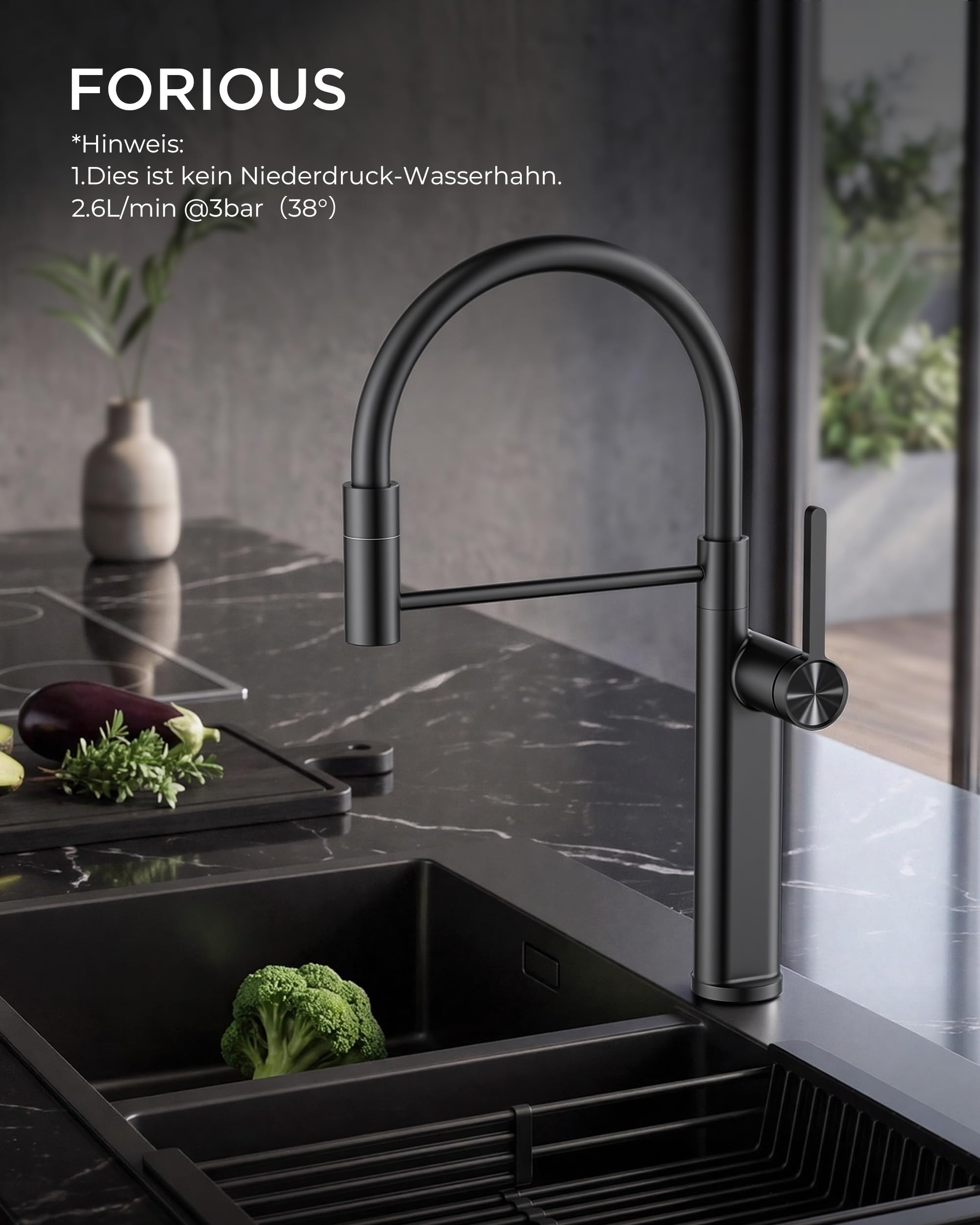 FORIOUS Wasserhahn Küche, Spültischarmatur Zwei Sprühmodi, 360° drehbarer Armatur Einhebel Warm und Kaltwasser Mischbatterie Spültischarmaturen，Matt Schwarz
