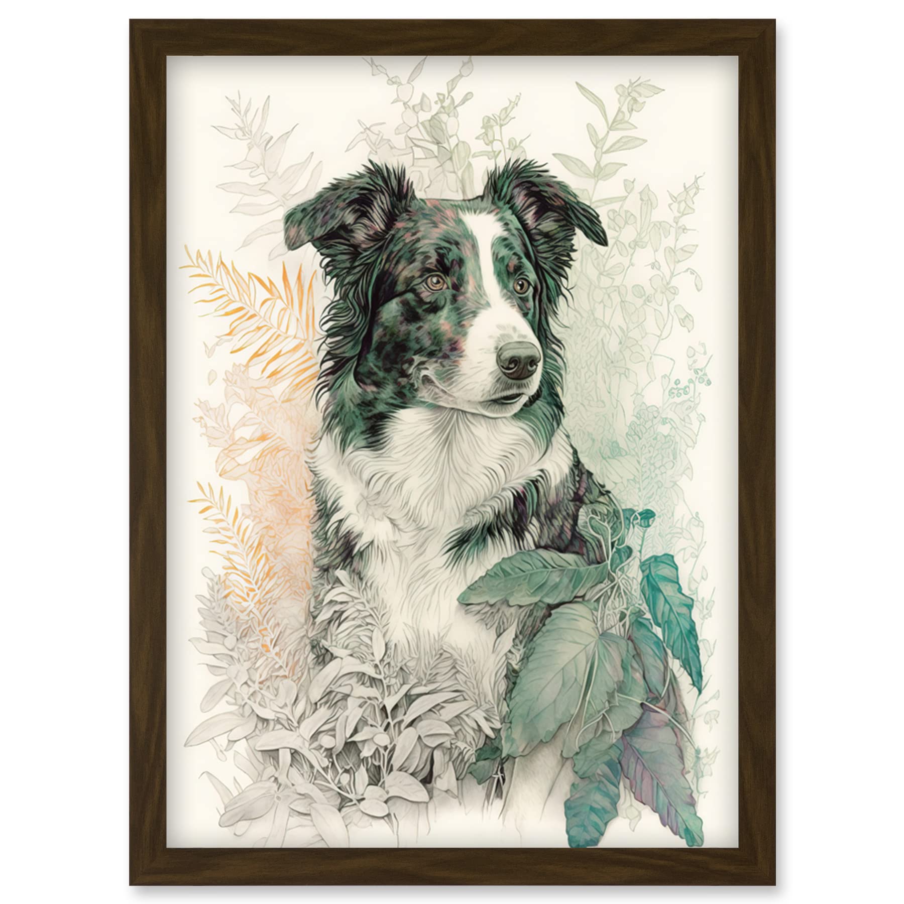 Artery8 Border Collie Dog in Field Modern Colour Pencil Portrait Illustration Artwork Framed Wall Art Print A4